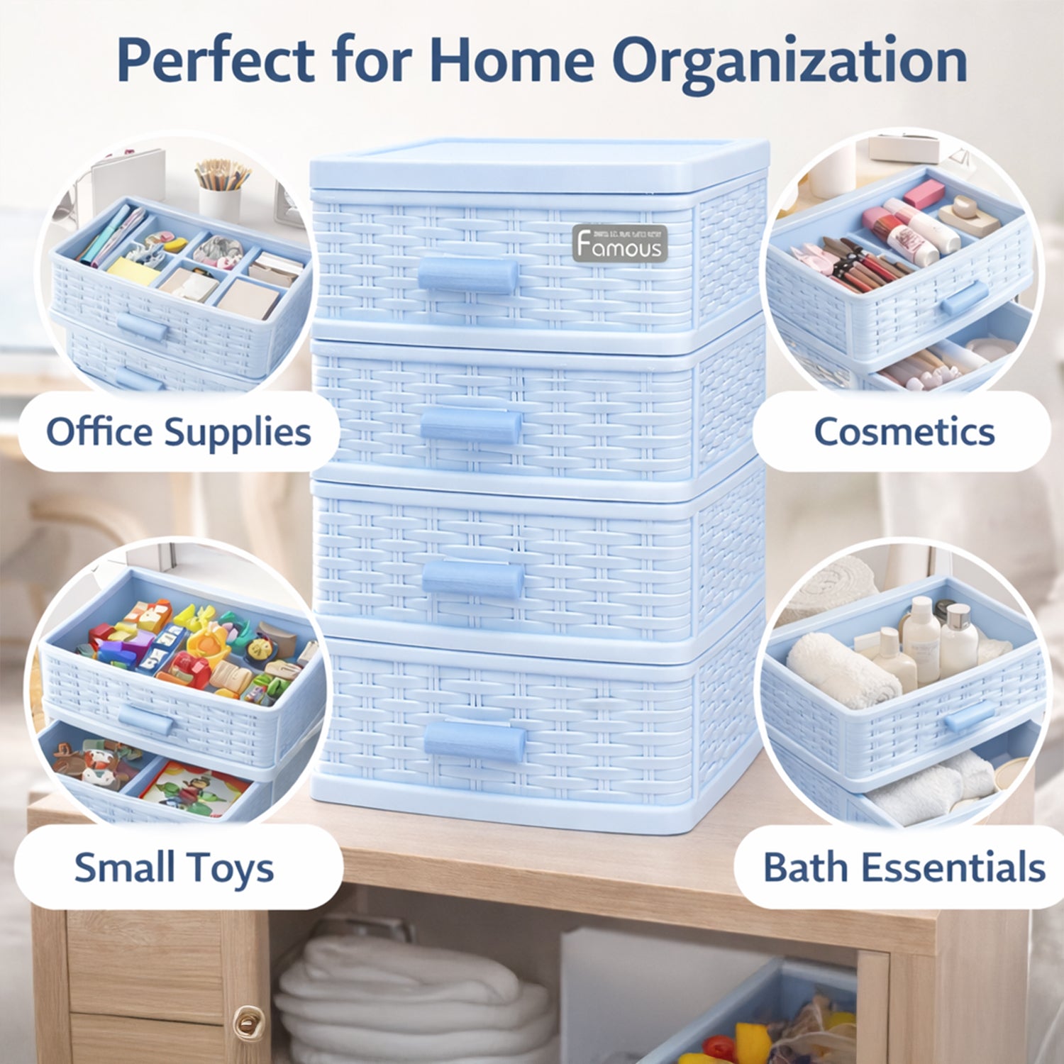 Table Drawer, Modern Design, 4 Layer Drawer, Blue, Plastic