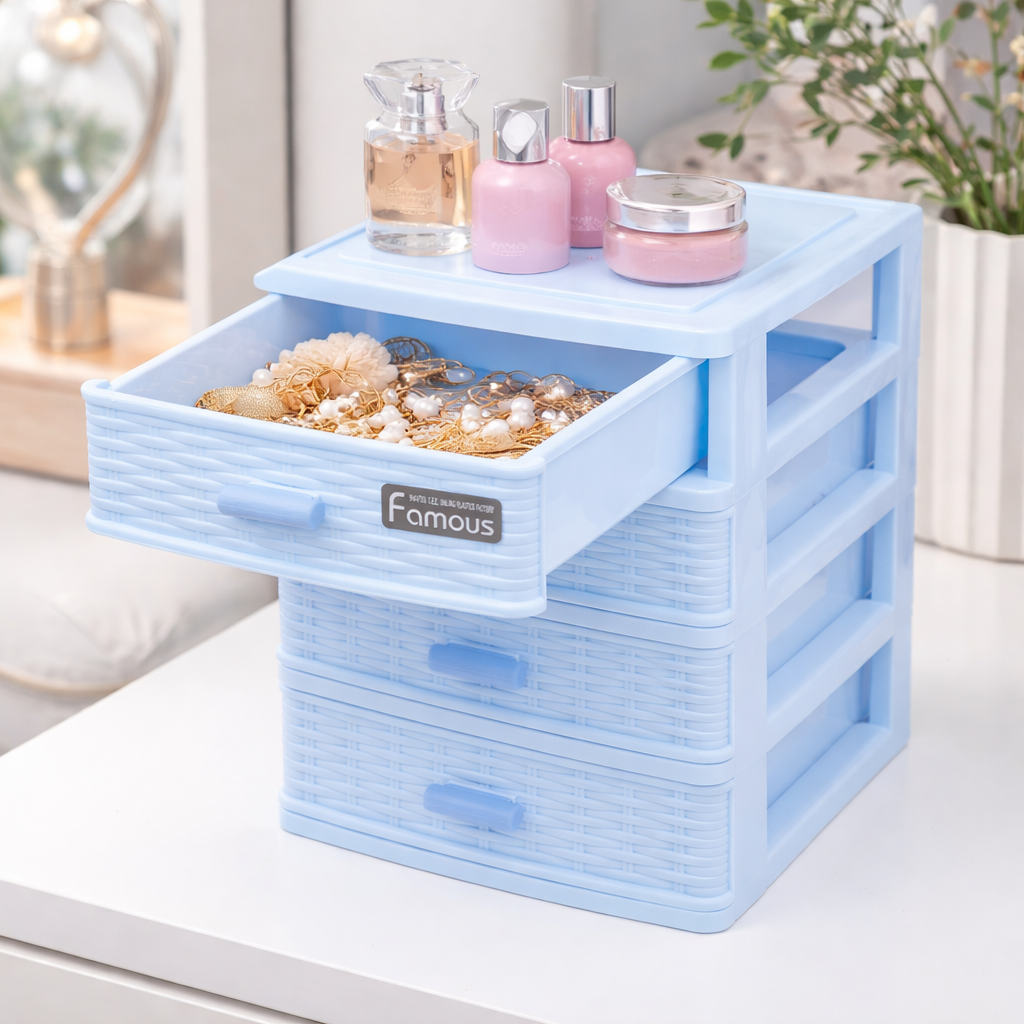 Table Drawer, Modern Design, 4 Layer Drawer, Blue, Plastic