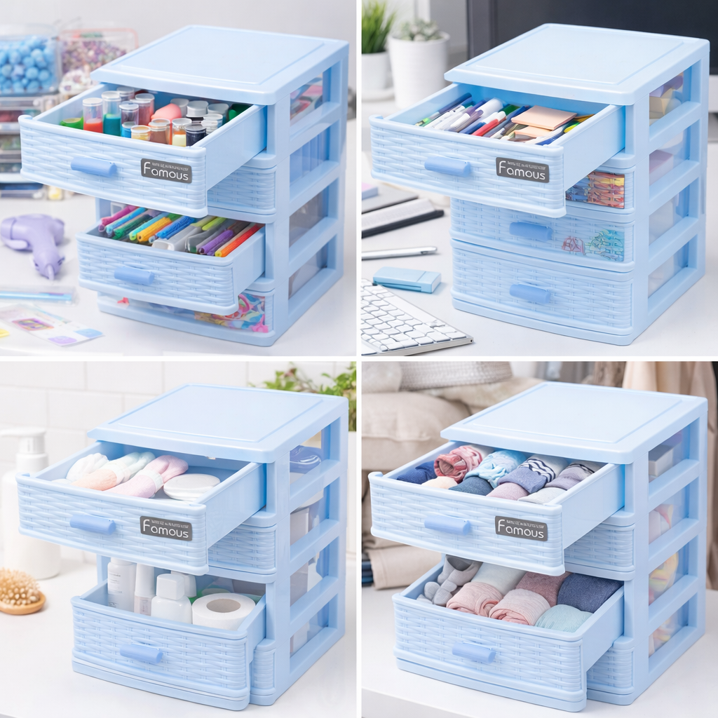 Table Drawer, Modern Design, 4 Layer Drawer, Blue, Plastic