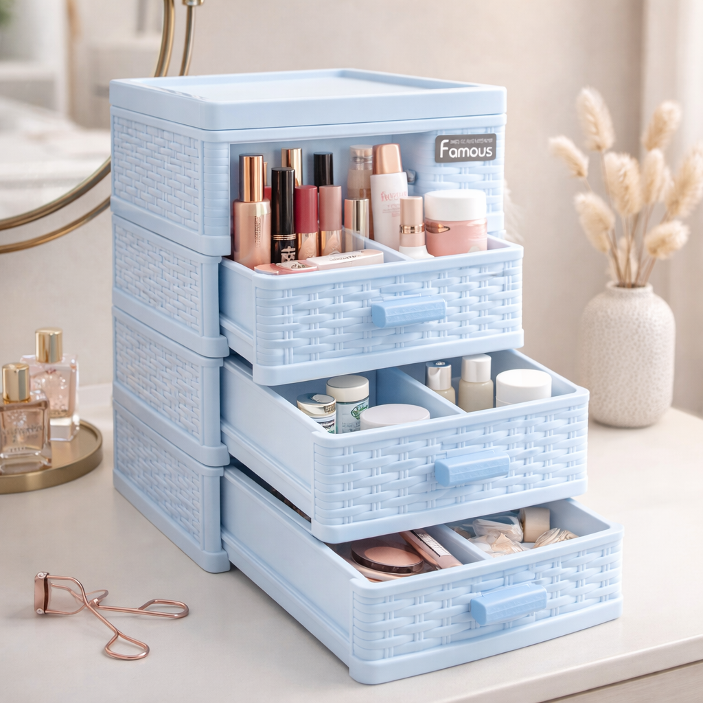 Table Drawer, Modern Design, 4 Layer Drawer, Blue, Plastic