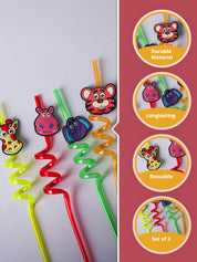 Straw Set, Animal Design, Multicolour, Plastic, Set of 4