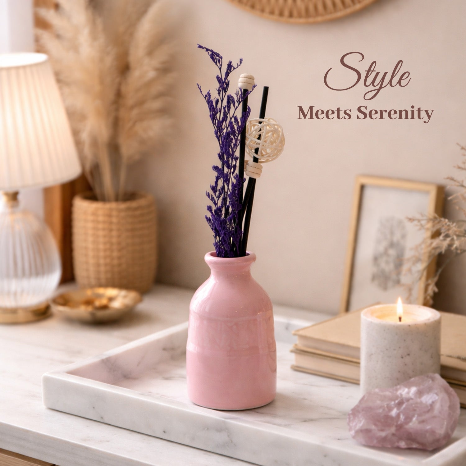 Reed Diffuser Set, Lavender Fragrance Pot & Reed Stick, Ceramic, Pink, 30 mL