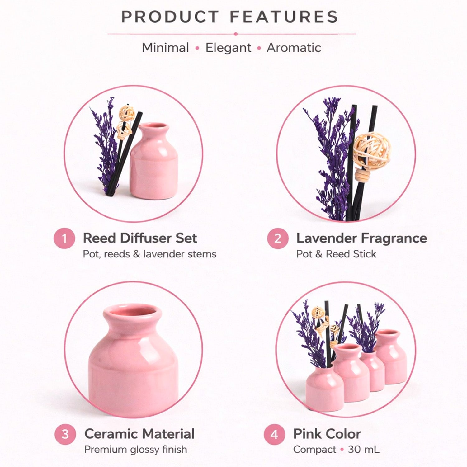 Reed Diffuser Set, Lavender Fragrance Pot & Reed Stick, Ceramic, Pink, 30 mL