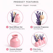 Reed Diffuser Set, Lavender Fragrance Pot & Reed Stick, Ceramic, Pink, 30 mL