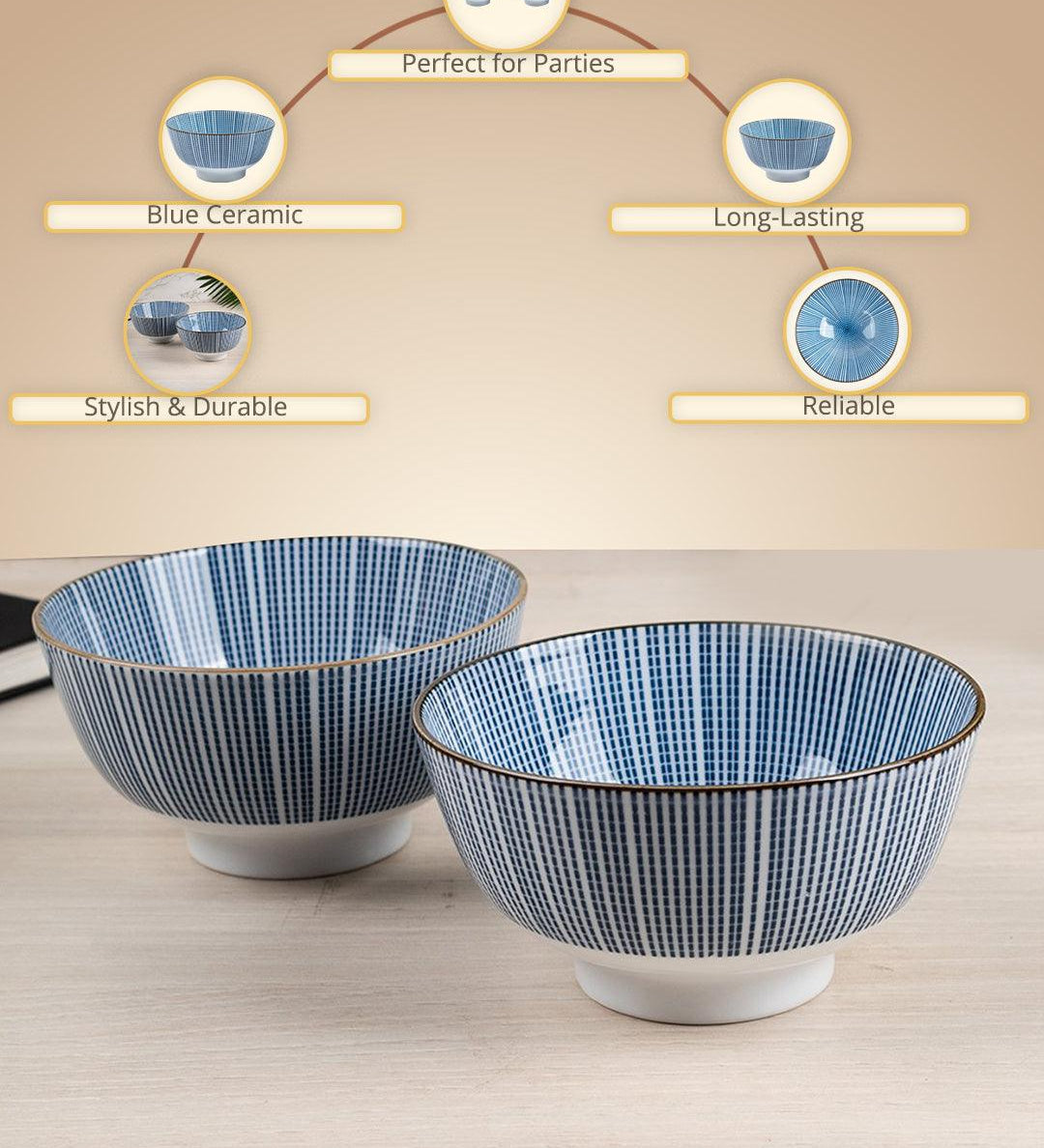 Bowls, for Serving, Blue, Ceramic, Set of 2, 300 mL - MARKET99
