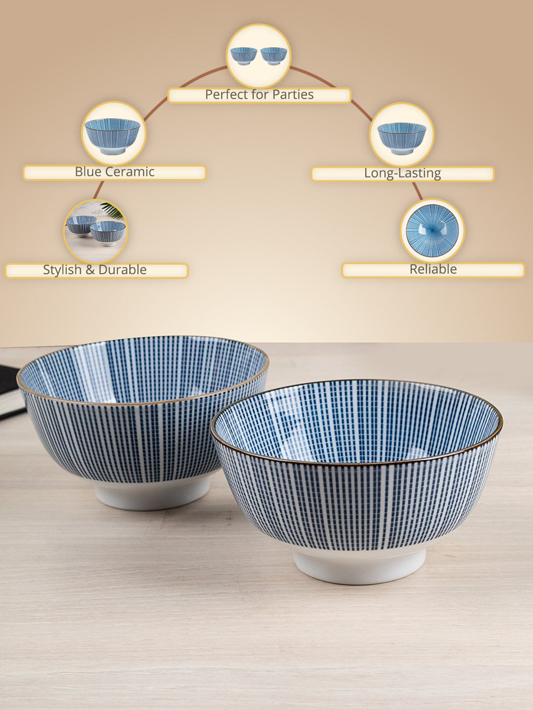 Bowls, for Serving, Blue, Ceramic, Set of 2, 300 mL - MARKET99