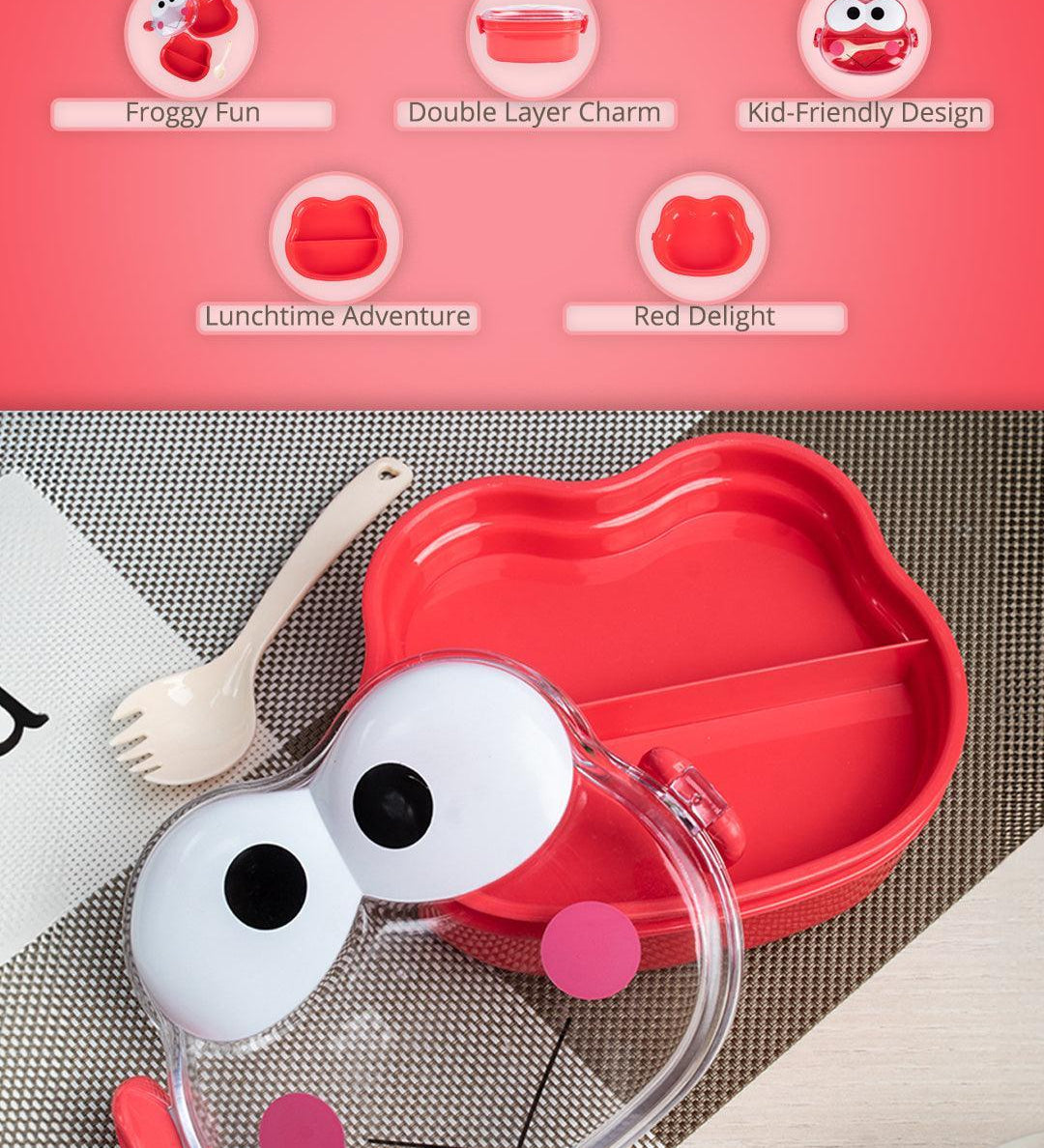 Double Layer Frog Shape Lunch Box for Kids With Spoon, Red, Plastic - MARKET99