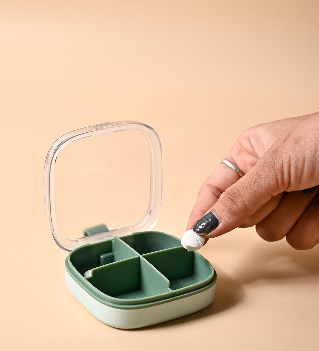 Medicine Box with 4 Sections, Olive Green, Plastic - MARKET99