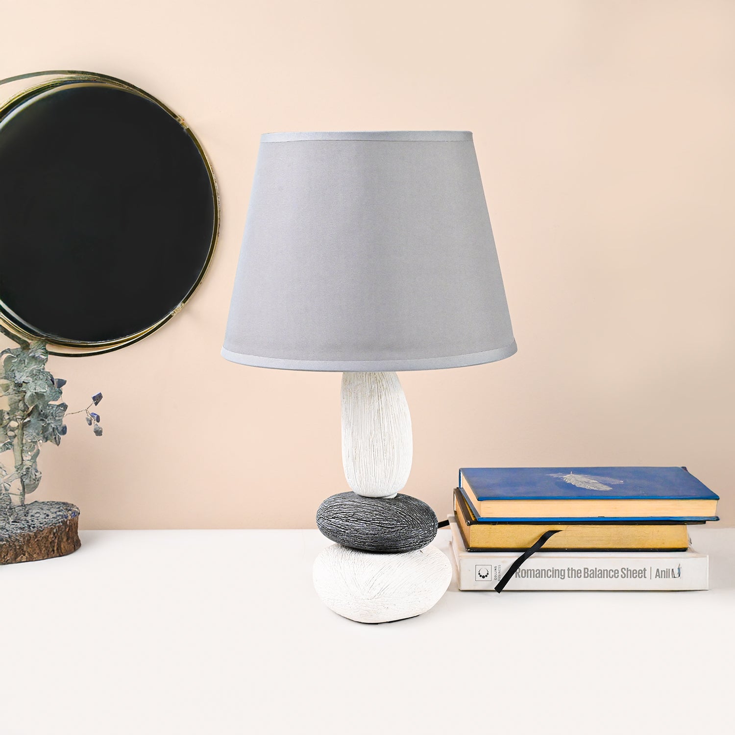 Table Lamp, Stone Pyramid Design, Grey, Ceramic