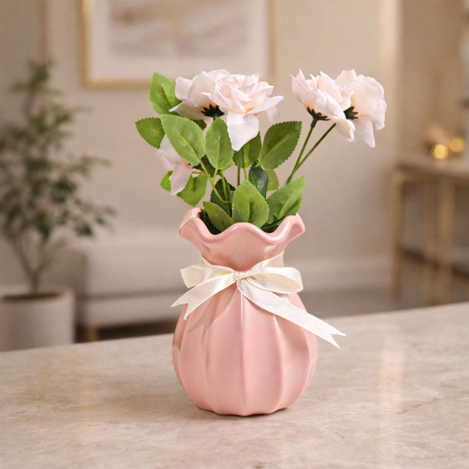 Vase with Bow, Floral Mouth, Pink, Ceramic