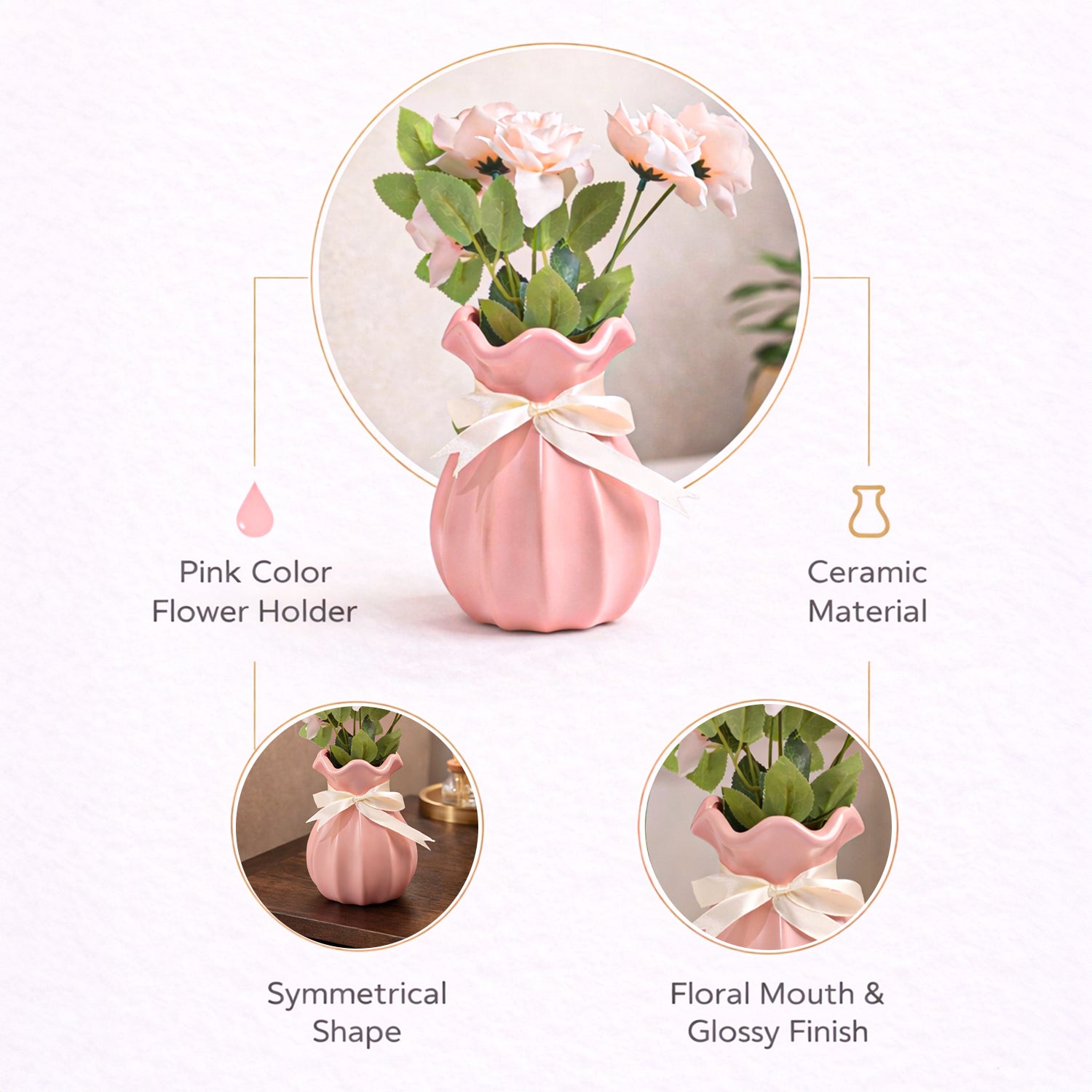 Vase with Bow, Floral Mouth, Pink, Ceramic