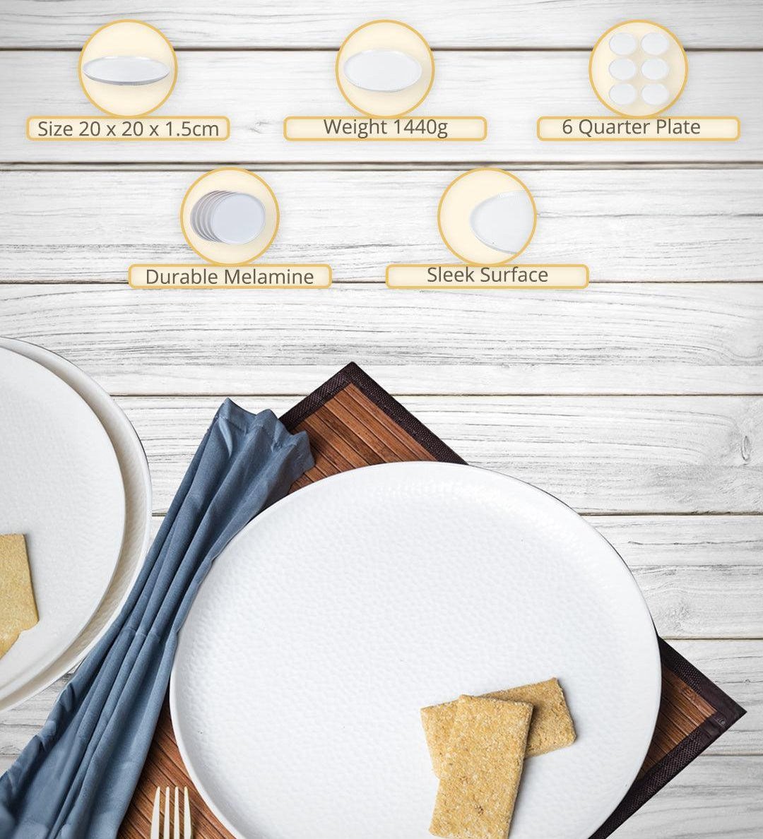 Market99 Hammered Melamine Tableware White Glossy Finish Quarter Plates for Dining Table (Set Of 6, White) - MARKET99