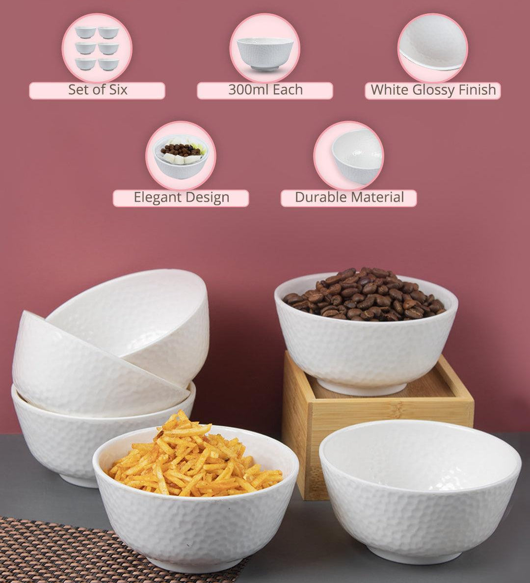 Market99 Hammered Melamine Tableware White Glossy Finish Soup Bowls for Dining Table (Set Of 6, 300 mL ) - MARKET99