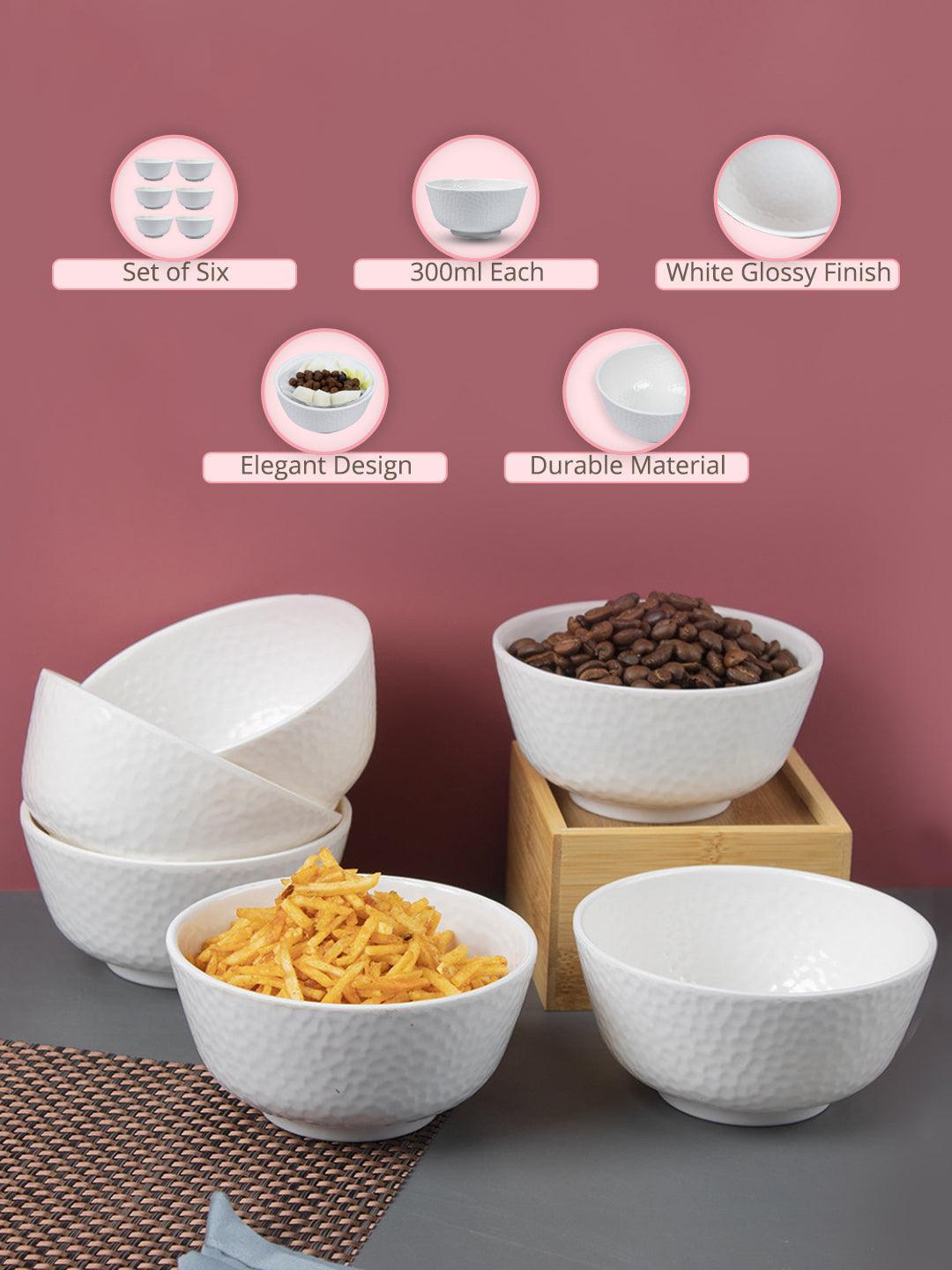 Market99 Hammered Melamine Tableware White Glossy Finish Soup Bowls for Dining Table (Set Of 6, 300 mL