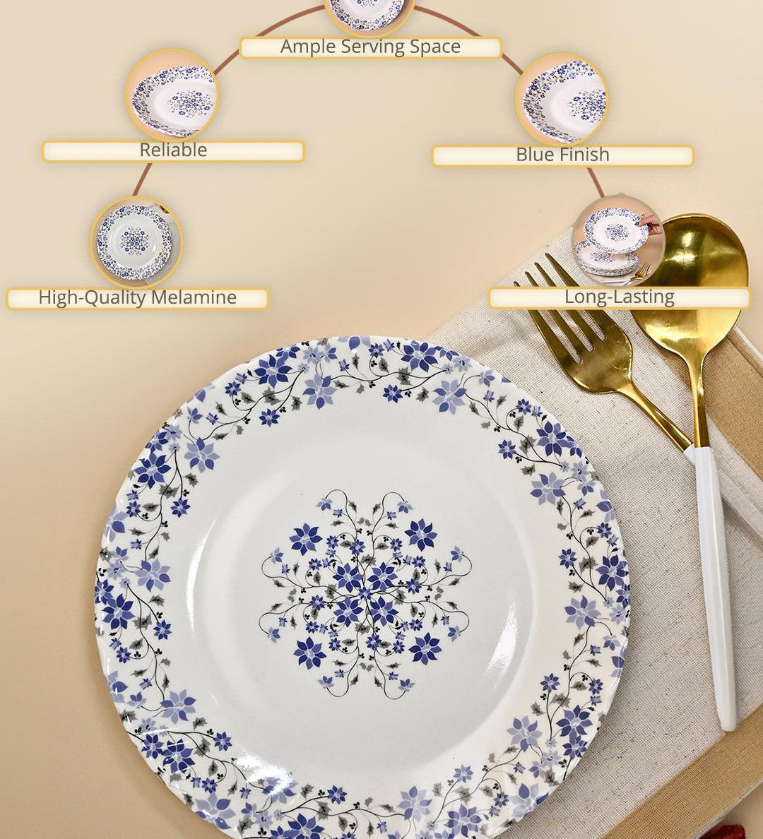 Market99 Melamine Tableware Glossy Floral Finish Quarter Plates for Dining Table (Set Of 6) - MARKET99