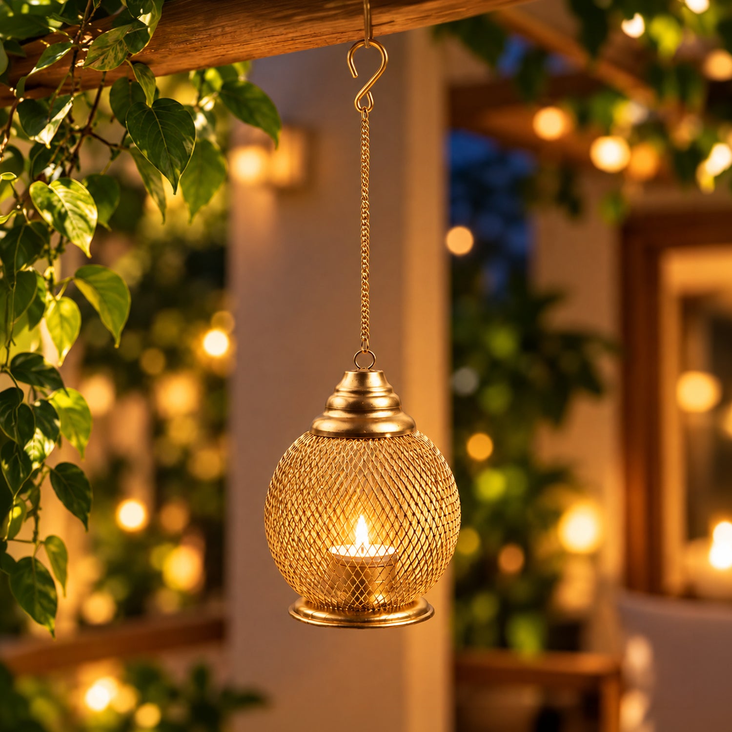 Hanging T-Light Holder, Diwali Décor, Gold, Iron
