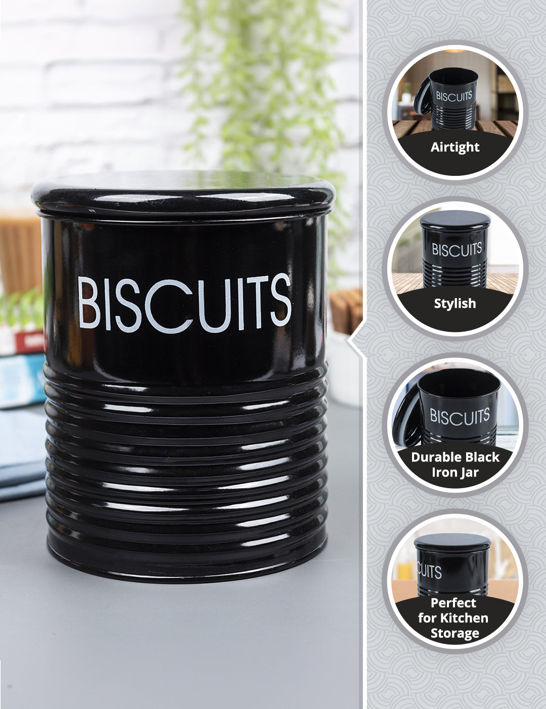 Biscuits Jar with Lid - (Black, 1700mL) - MARKET99