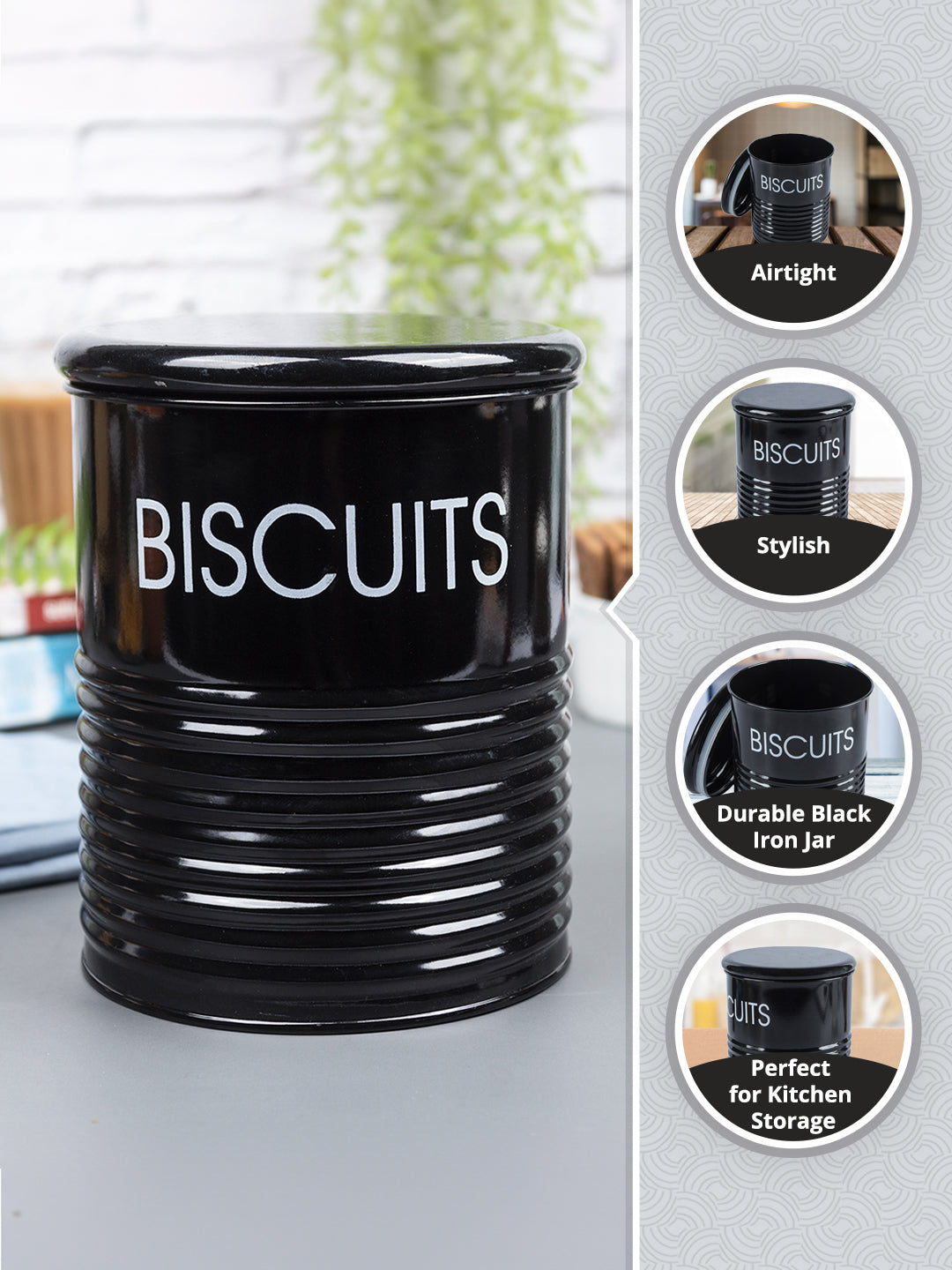 Biscuits Jar with Lid - (Black, 1700mL) - MARKET99