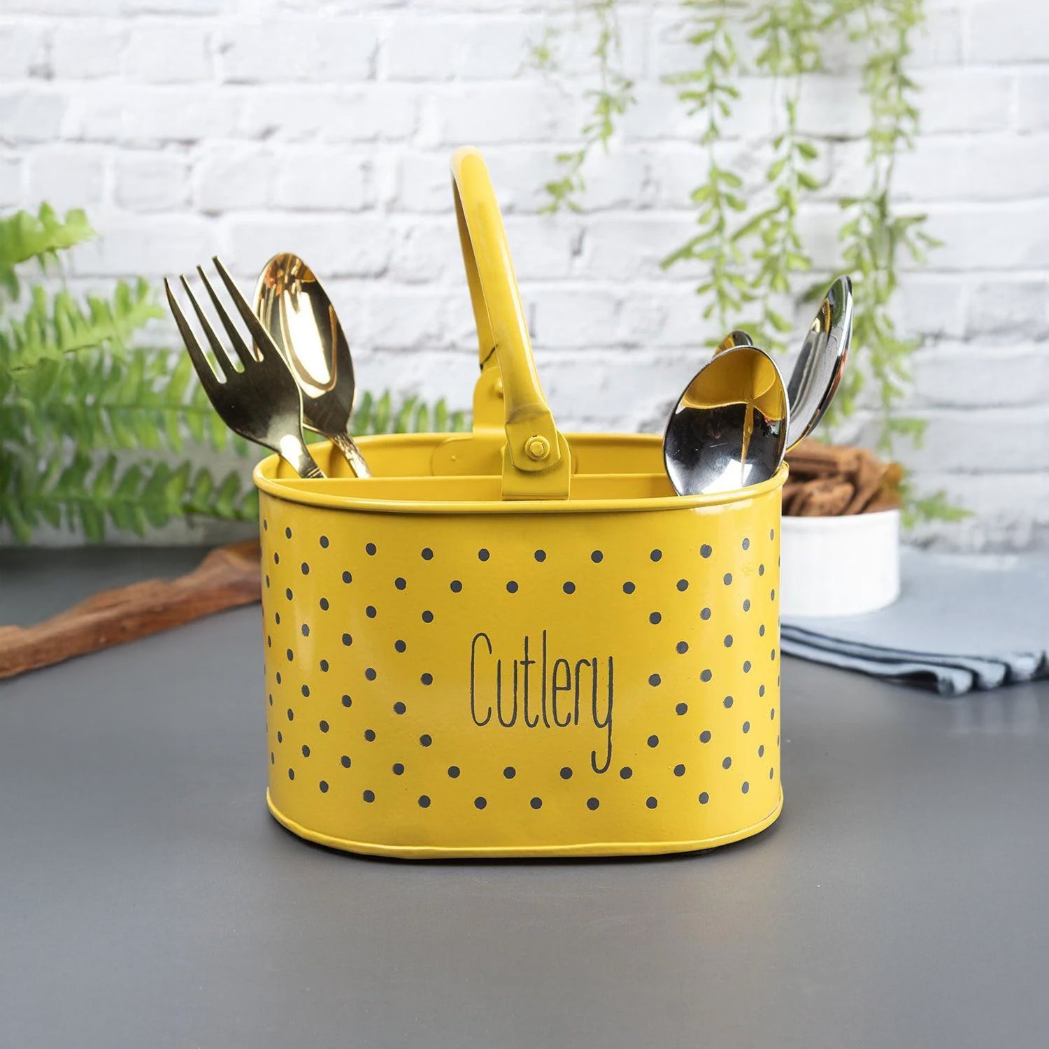Polka Dot Cutlery Holder - Yellow