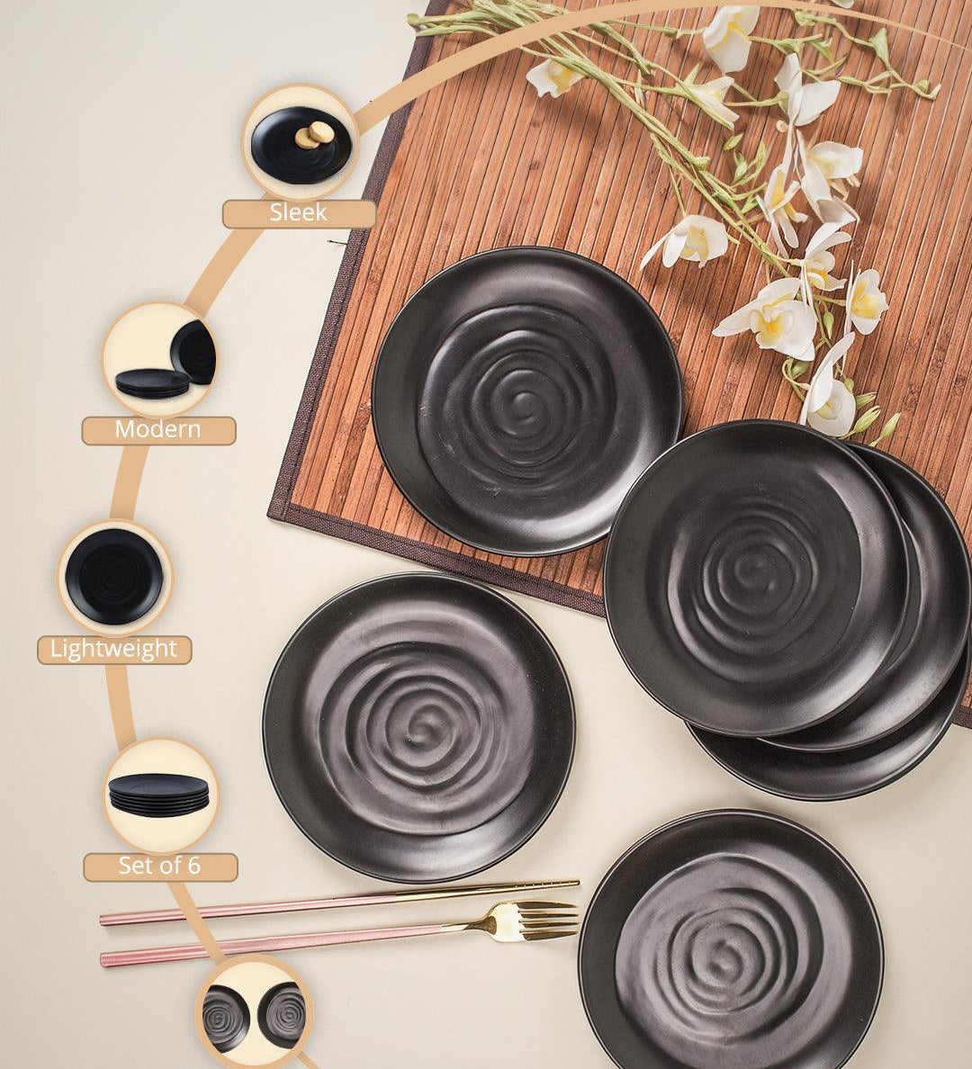 Melamine Black Round Quarter Plate (Set of 6) - MARKET99