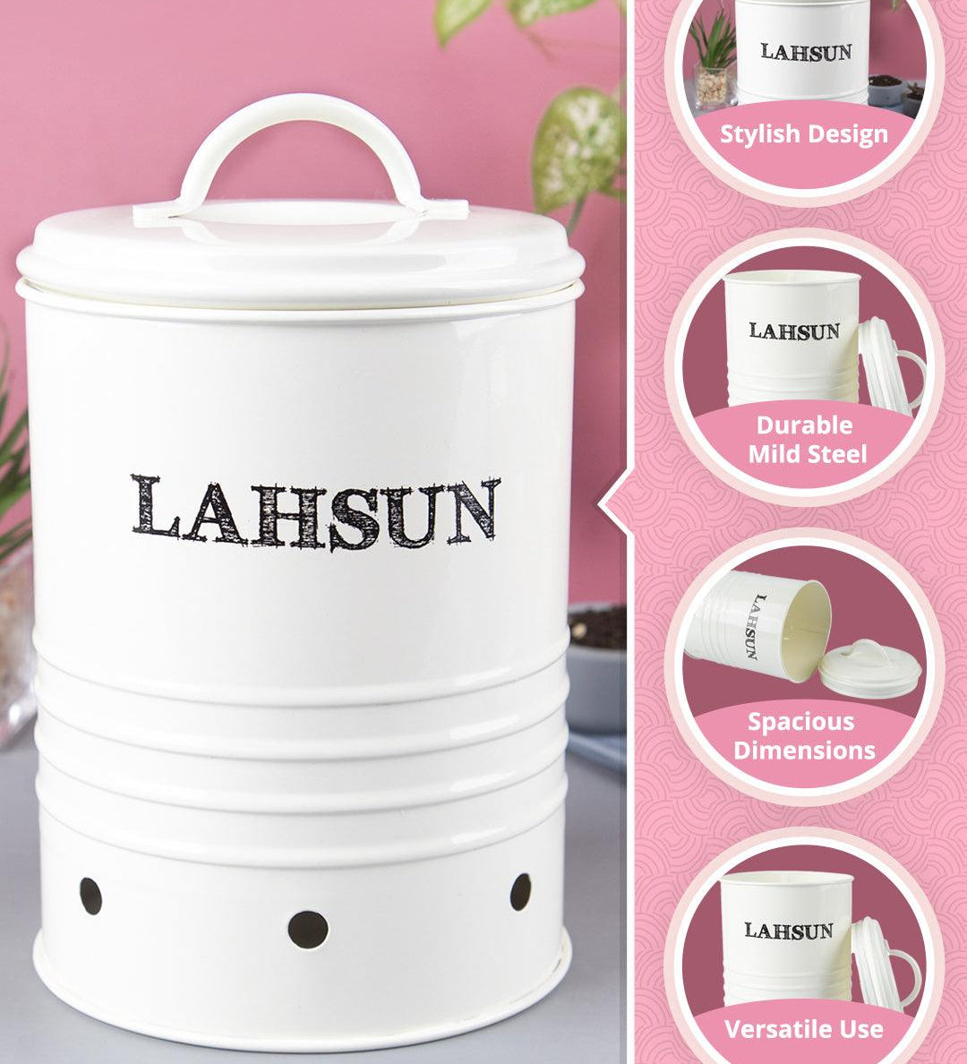 Mild Steel White Cylindrical Lahsun Jar - MARKET99
