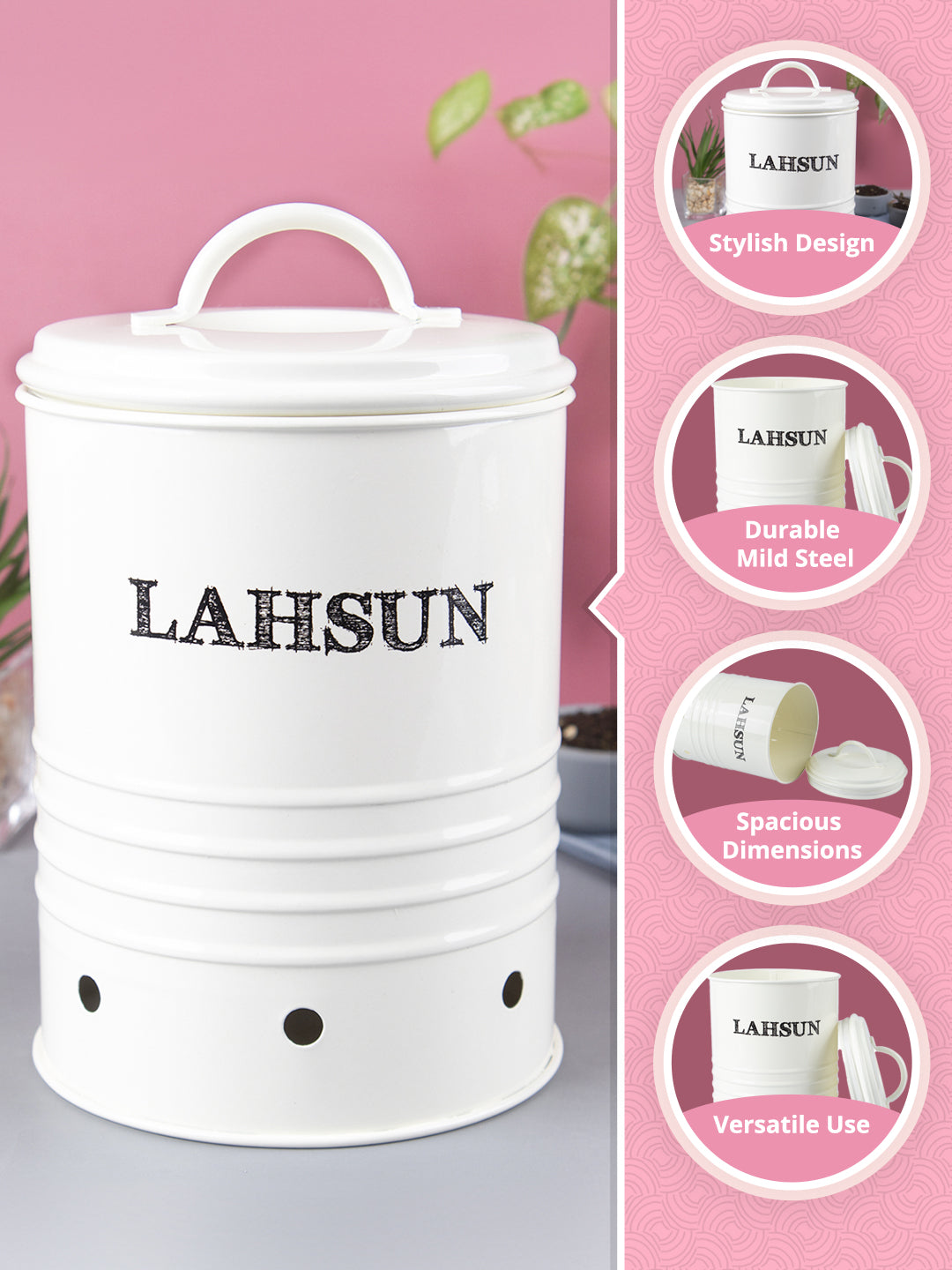 Mild Steel White Cylindrical Lahsun Jar - MARKET99