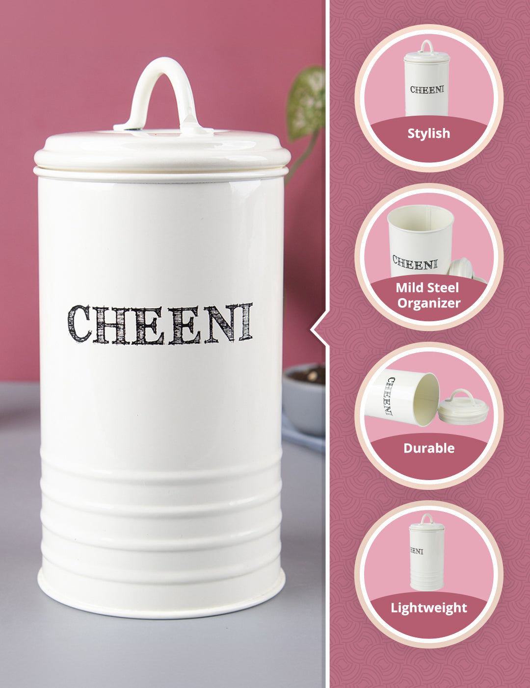 Mild Steel White Cylindrical Cheeni Jar (1200ML) - MARKET99