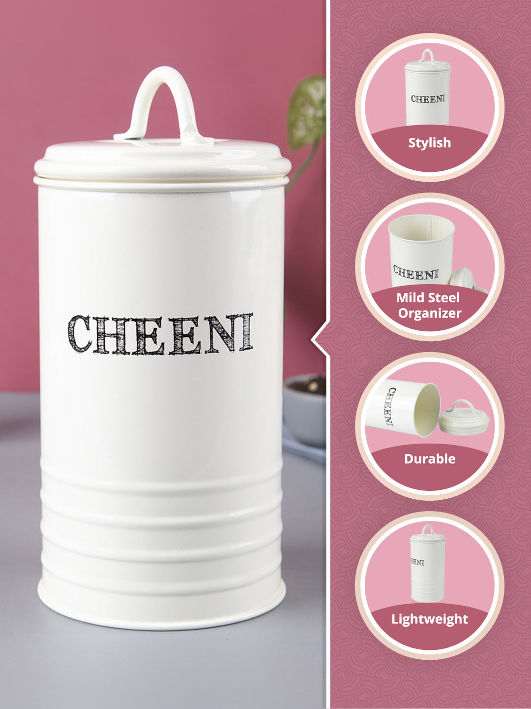 Mild Steel White Cylindrical Cheeni Jar (1200ML) - MARKET99