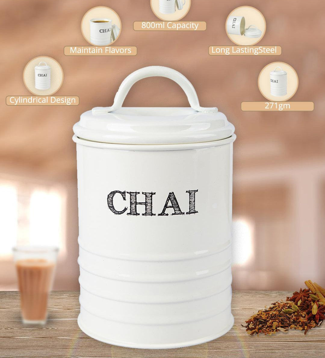 Mild Steel White Cylindrical Chai Jar (800 ML) - MARKET99