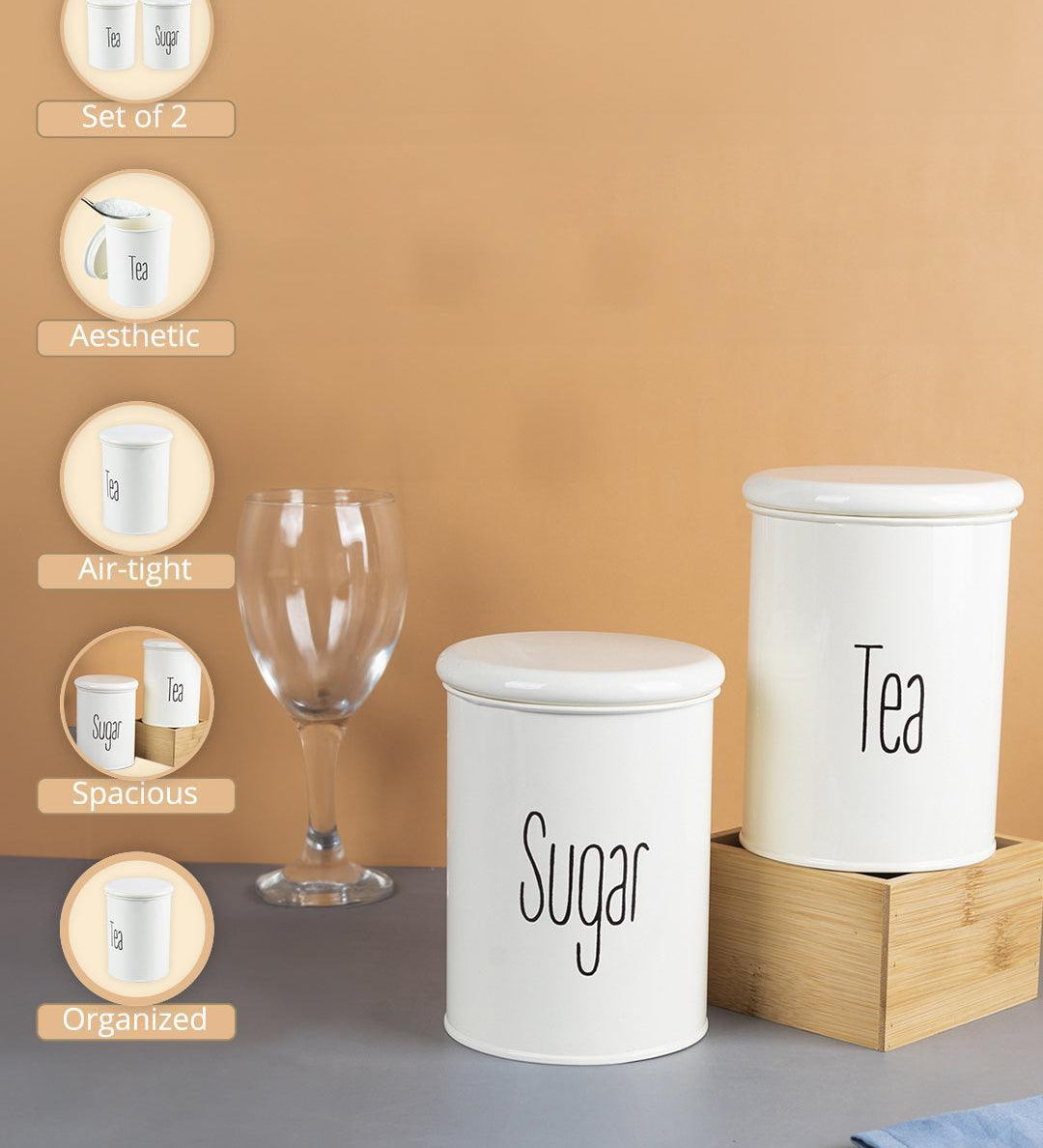 Tea & Sugar Jars - Set Of 2 (White, Each 900 mL) - MARKET99