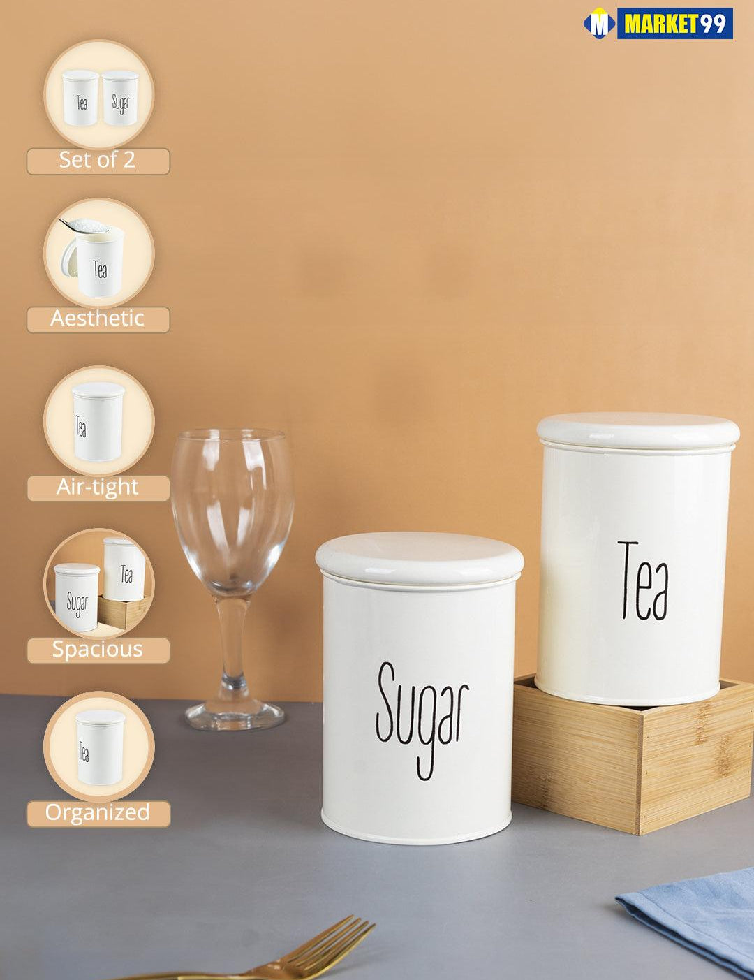 Tea & Sugar Jars - Set Of 2 (White, Each 900 mL) - MARKET99
