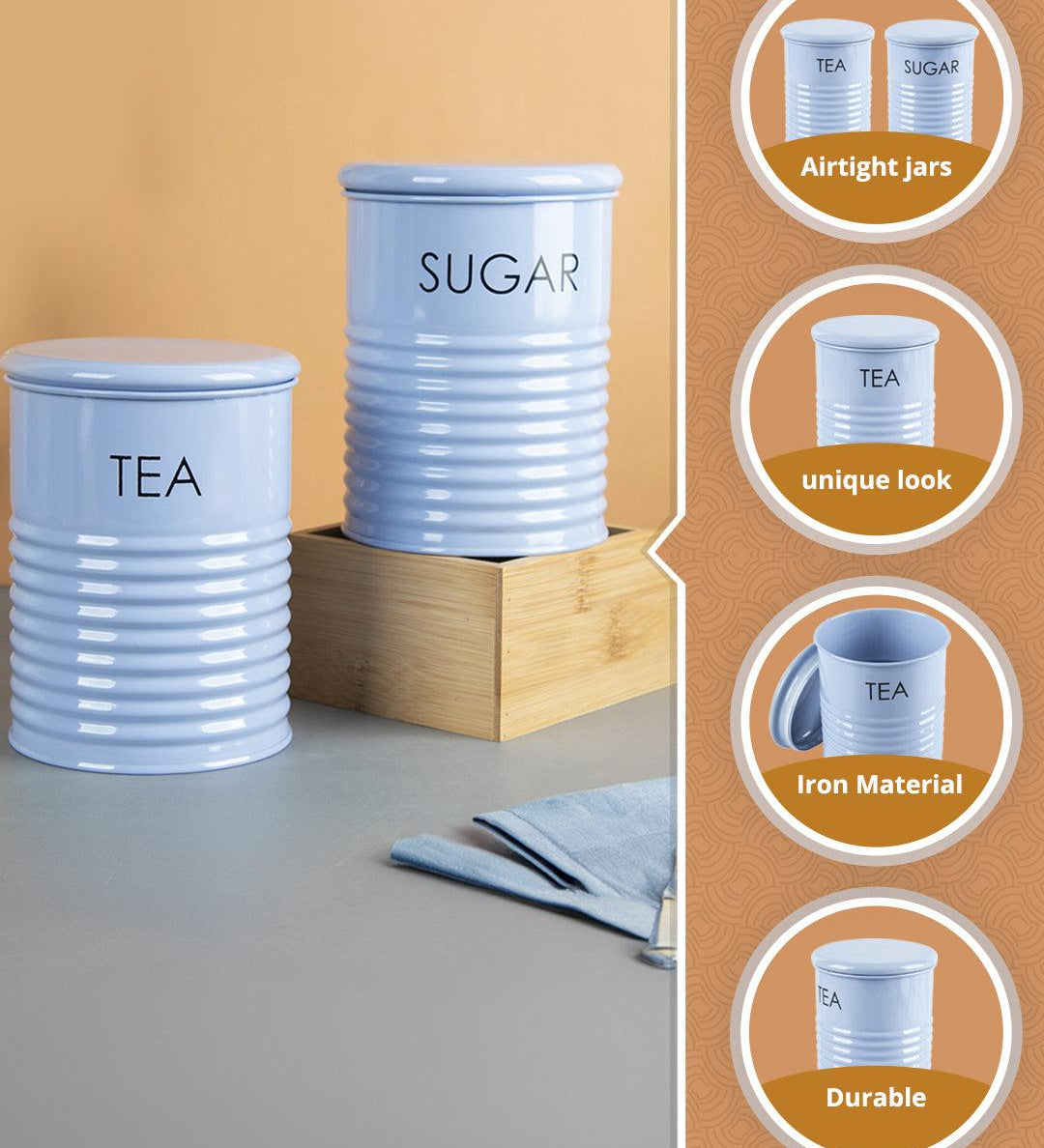 Tea & Sugar Jar - Set Of 2 (Blue, Each 900 mL) - MARKET99