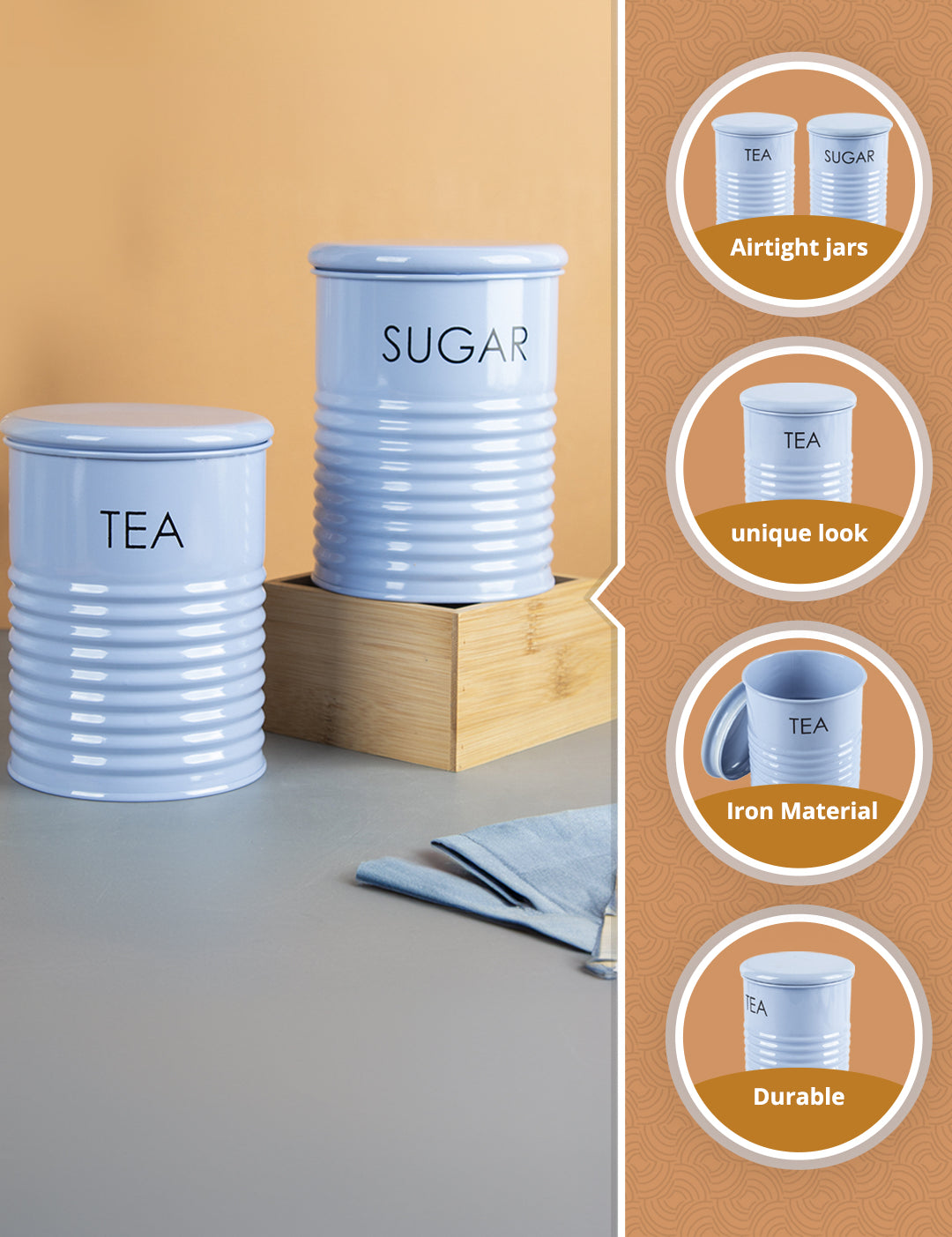 Tea & Sugar Jar - Set Of 2 (Blue, Each 900 mL) - MARKET99