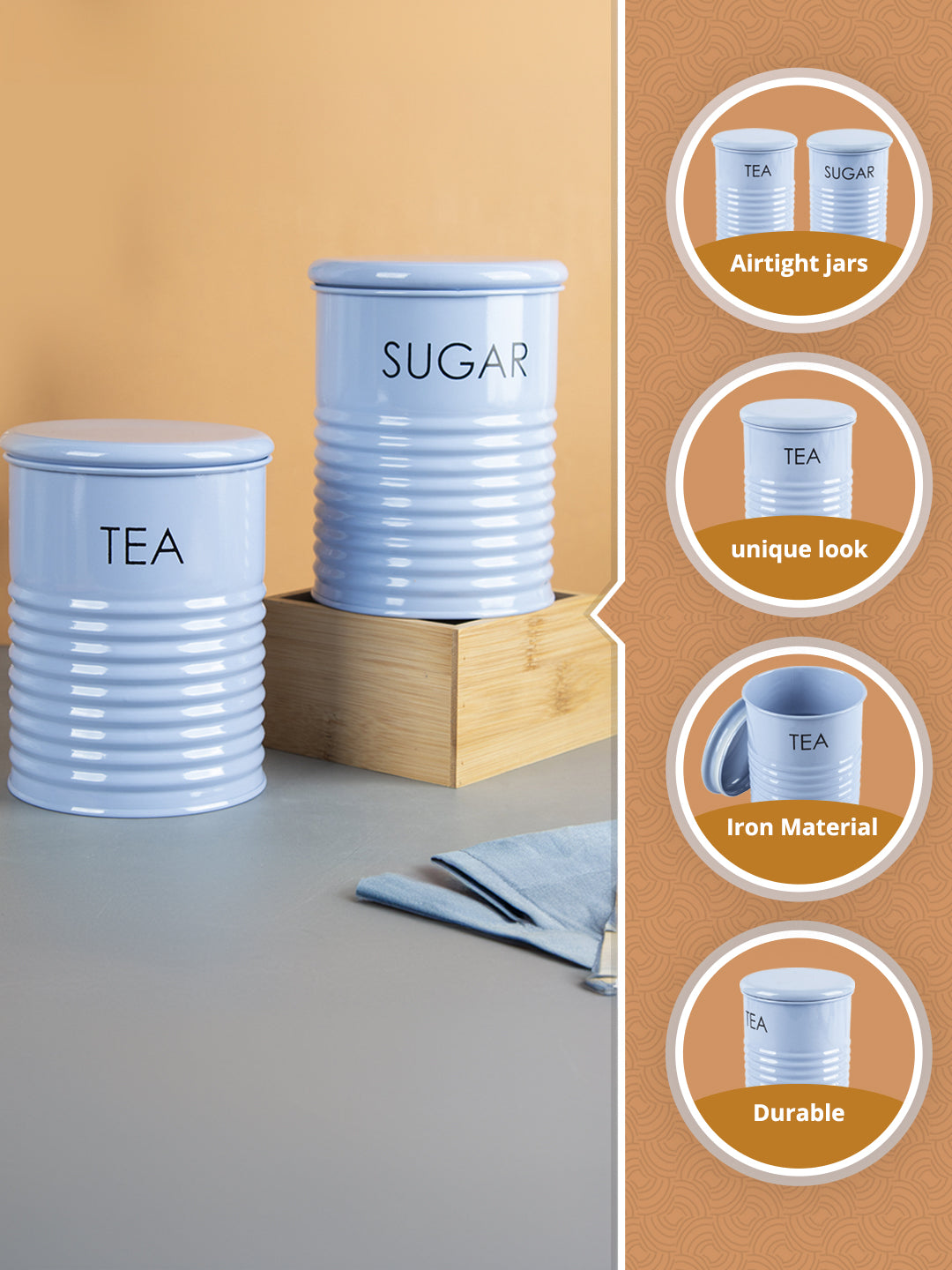 Tea & Sugar Jar - Set Of 2 (Blue, Each 900 mL) - MARKET99