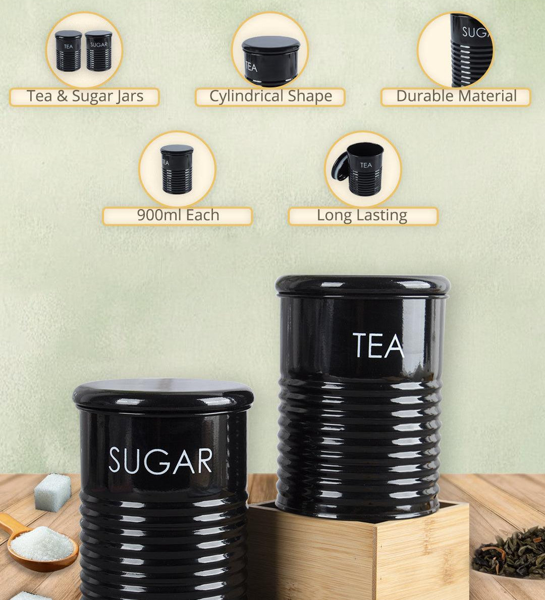 Tea & Sugar Jar - Set Of 2 (Black, Each 900 mL) - MARKET99
