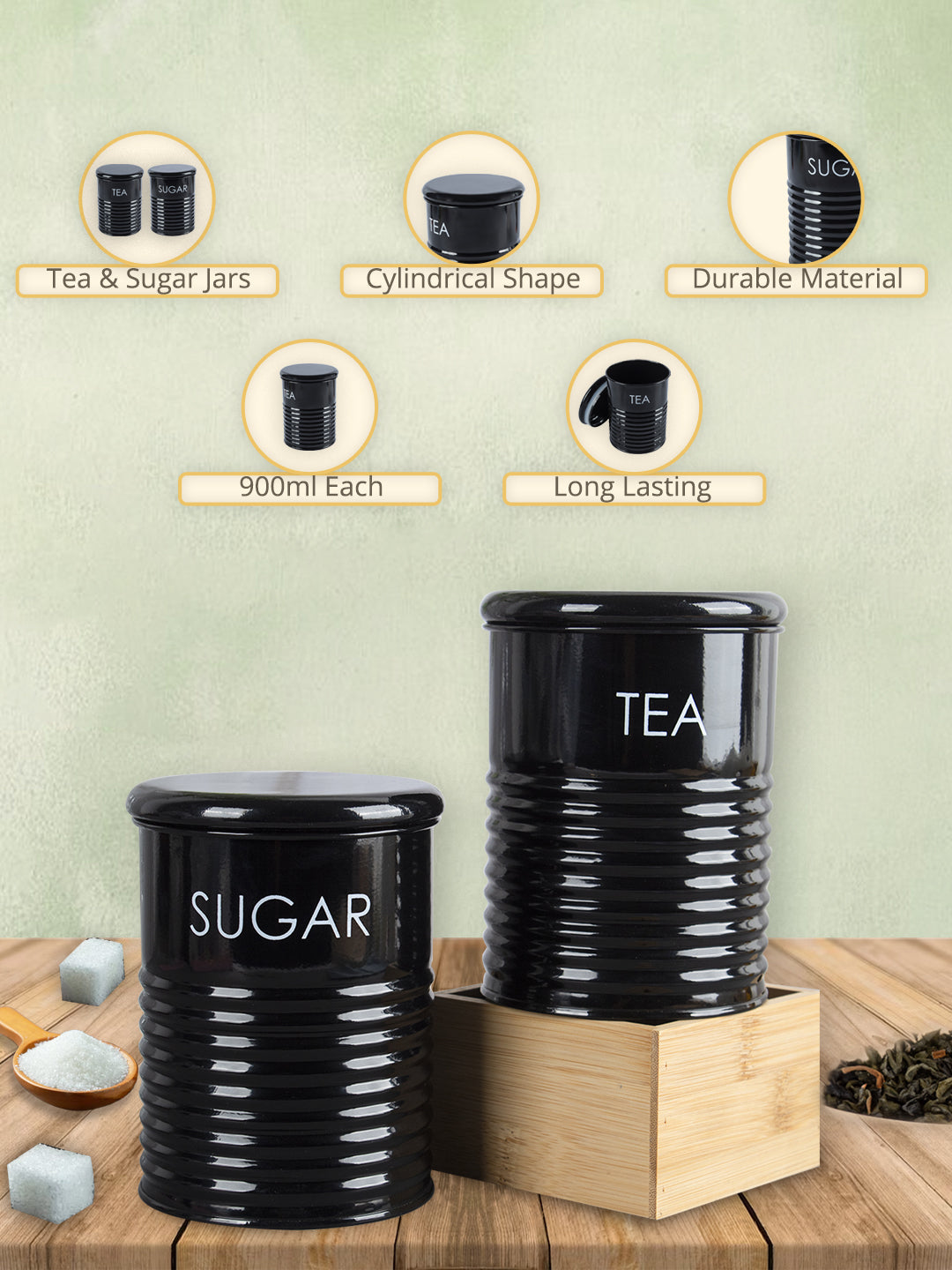 Tea & Sugar Jar - Set Of 2 (Black, Each 900 mL)