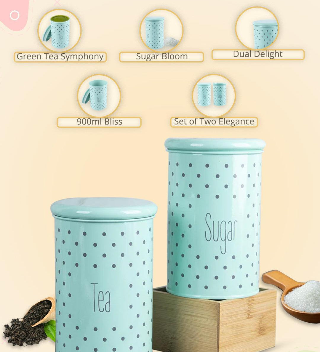 Tea & Sugar Jar - Set Of 2 (Green, Each 900 mL) - MARKET99