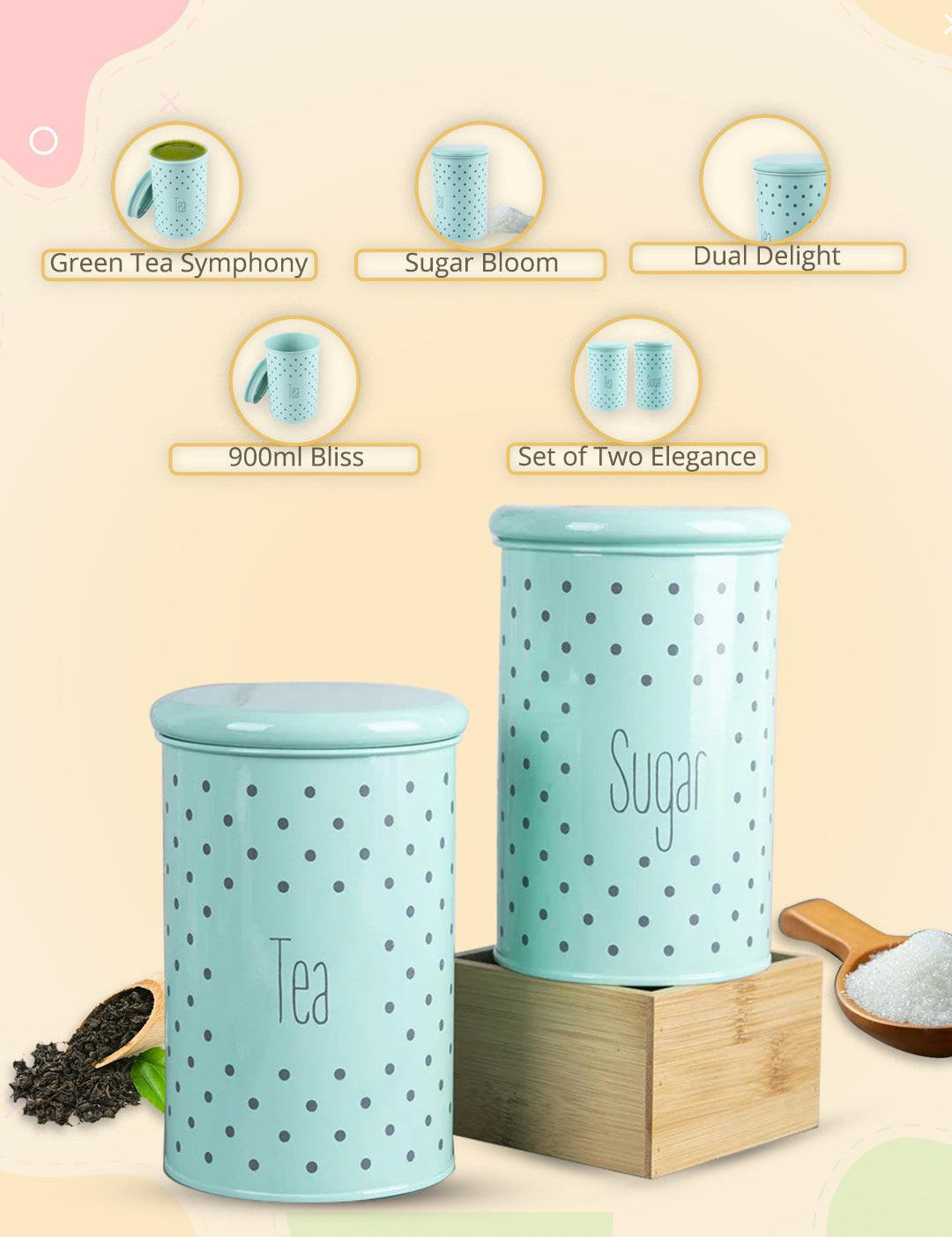 Tea & Sugar Jar - Set Of 2 (Green, Each 900 mL) - MARKET99