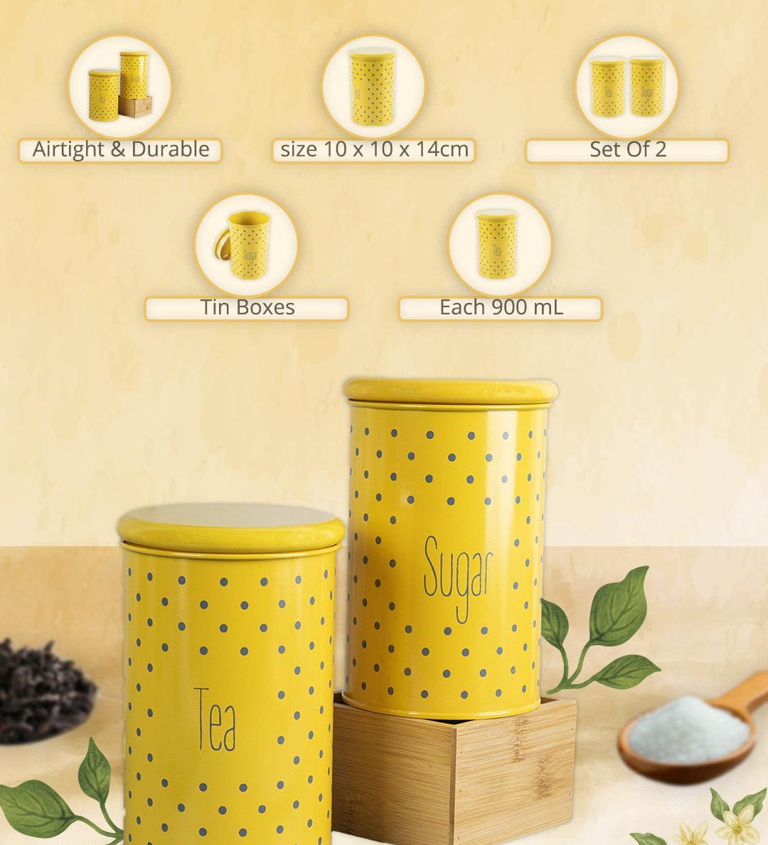 Tea & Sugar Jar - Set Of 2 (Yellow, Each 900 mL) - MARKET99