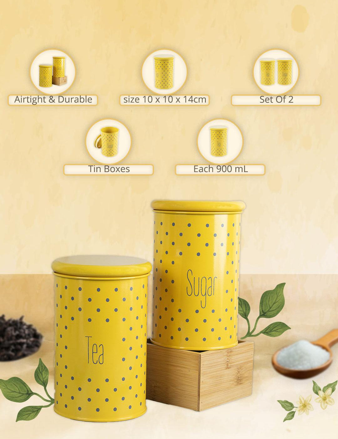 Tea & Sugar Jar - Set Of 2 (Yellow, Each 900 mL) - MARKET99