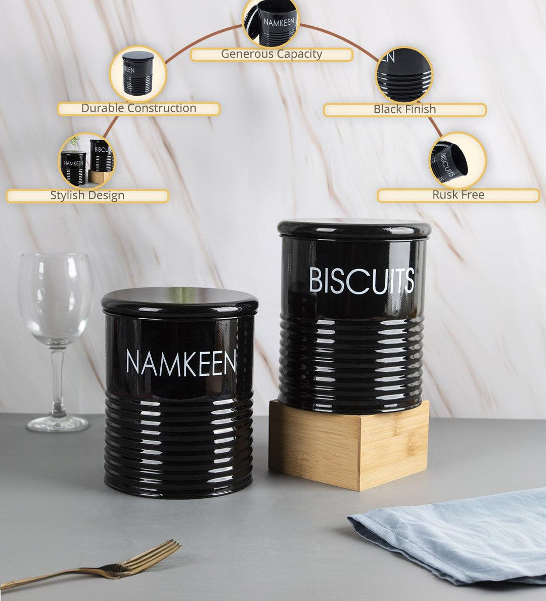 Biscuits & Namkeen Jar Set Of 2 ( Black, Each 1700 Ml ) - MARKET99