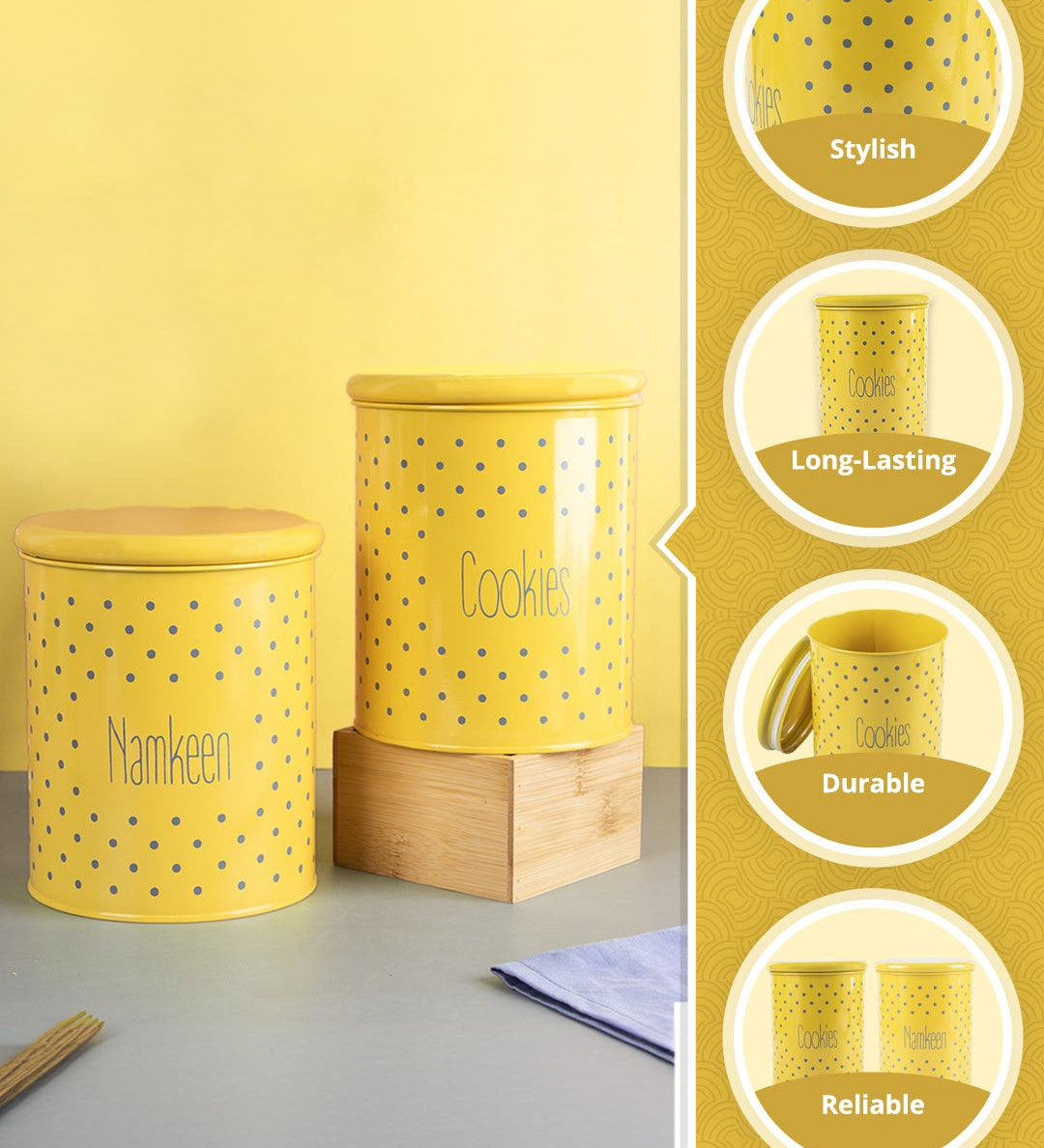 Tea & Sugar Jar (Each 900 Ml) + Cookie & Namkeen Jar (Each 1700 Ml) - Polka Dot Yellow, Set Of 4 - MARKET99