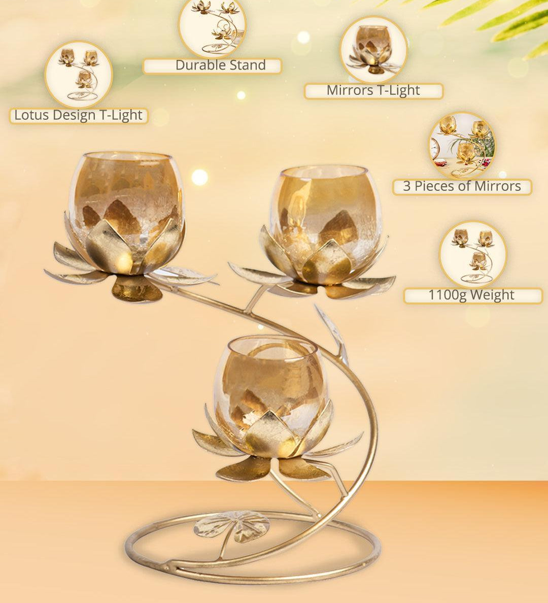 Gold 3In1 Glass Flower Tea Light Candle Holder - MARKET99