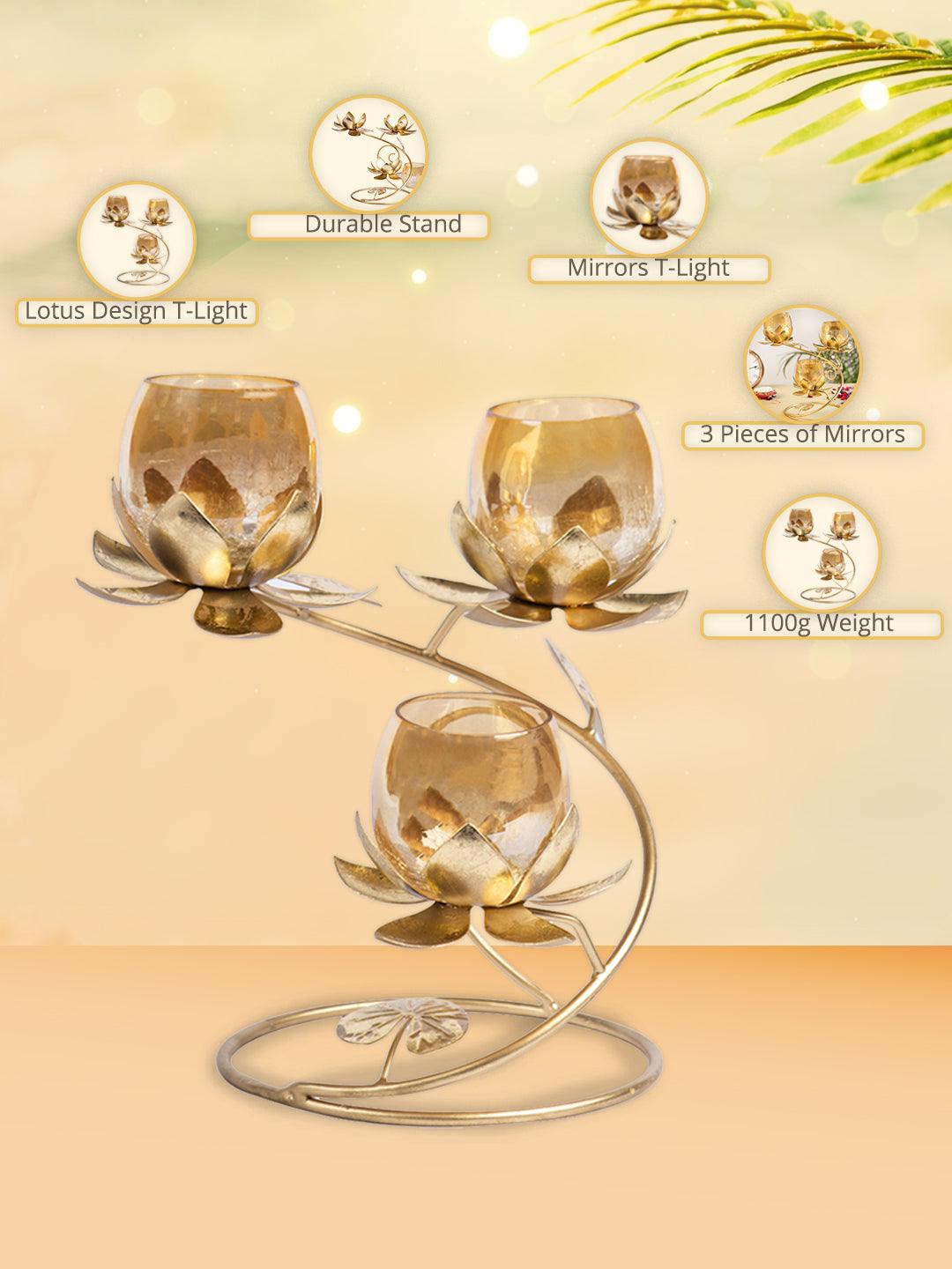Gold 3In1 Glass Flower Tea Light Candle Holder