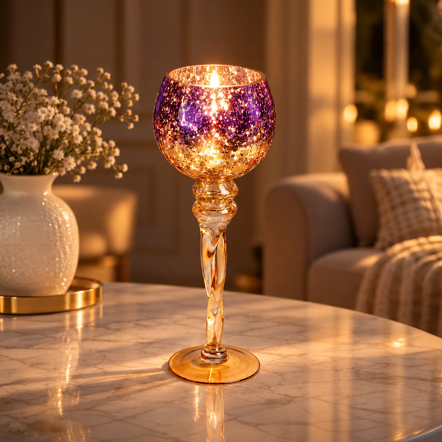 Decorative Purple Tined Glass Candlestick Holders