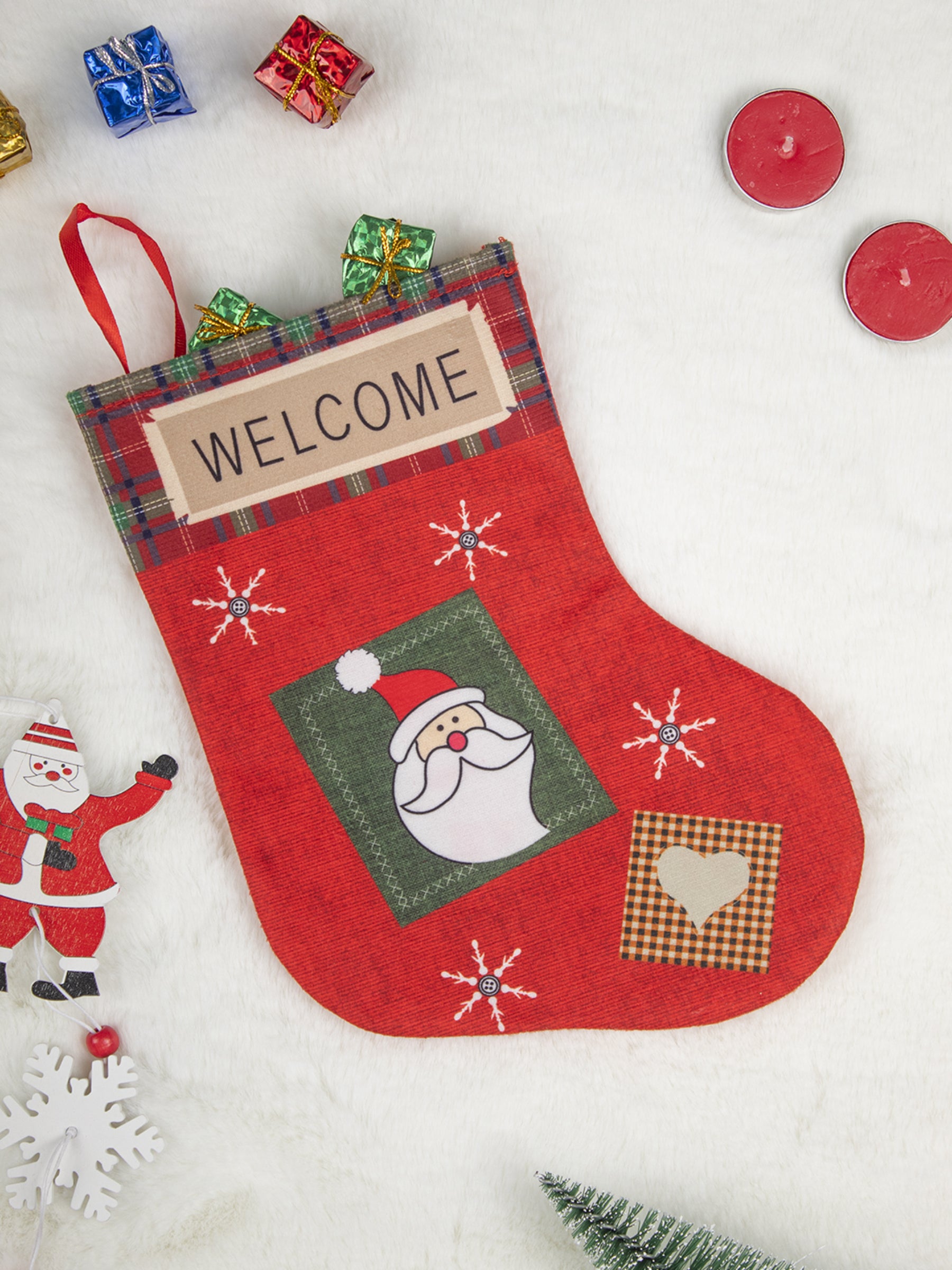Welcome & Santa Print - Christmas Hanging Stocking Set Of 2 Pcs - IMAGE CHANGED