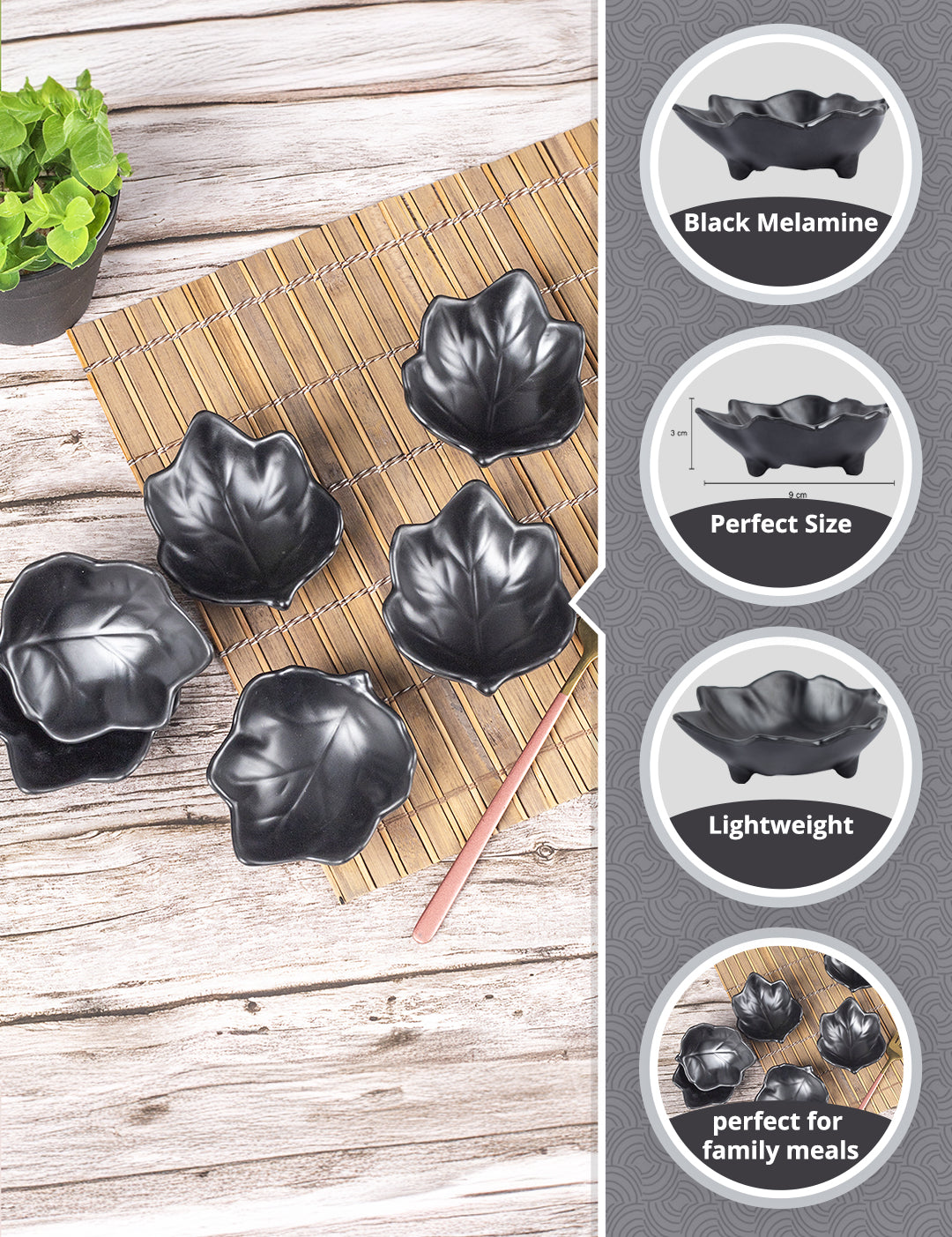 MARKET99 Black Melamine Chutney Bowls, Each 30mL, Set Of 6 Pcs - MARKET99