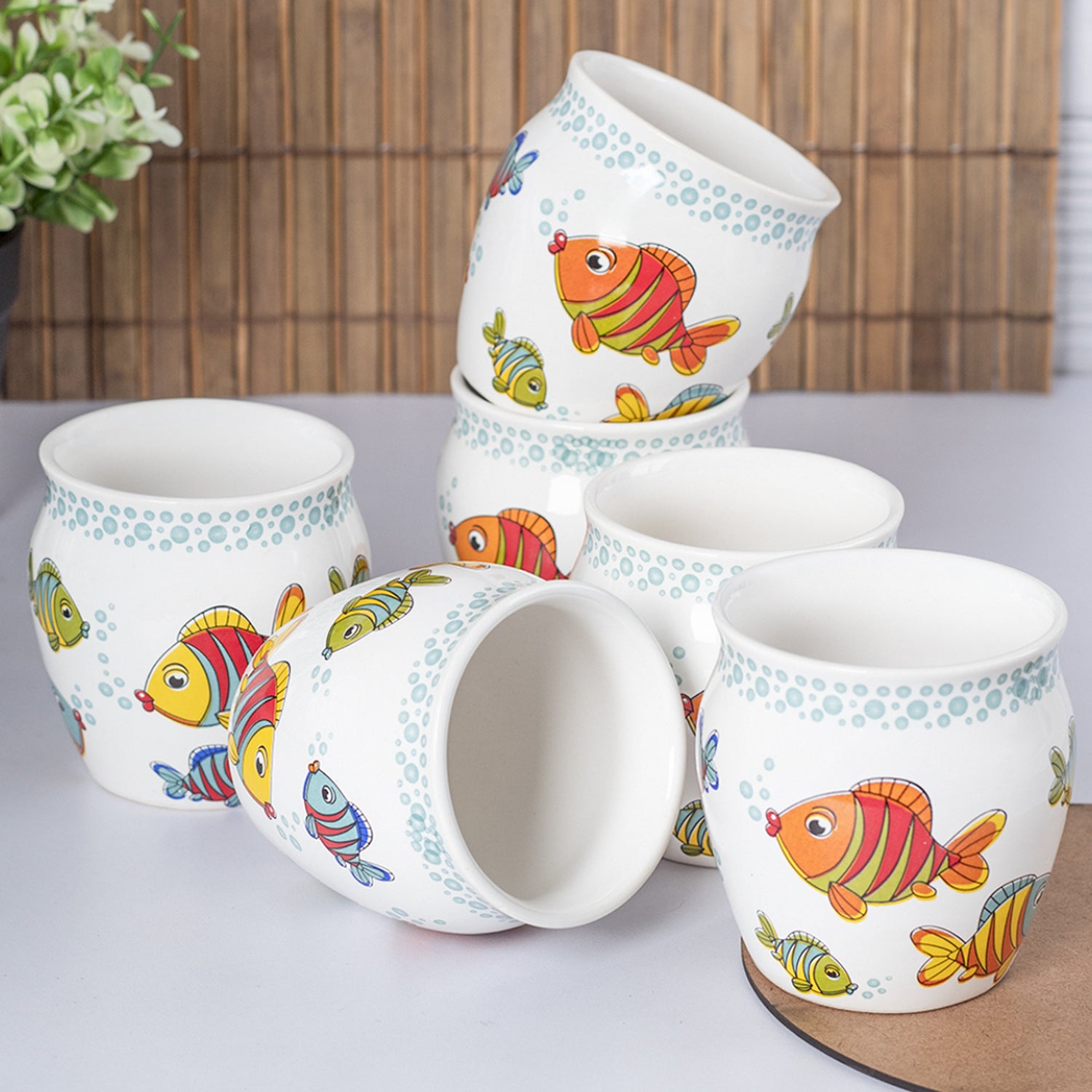 MARKET99 Fish Printed Ceramic Kullad, (Each 130 mL, Set Of 6 Pcs)