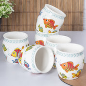 MARKET99 Fish Printed Ceramic Kullad, (Each 130 mL, Set Of 6 Pcs)