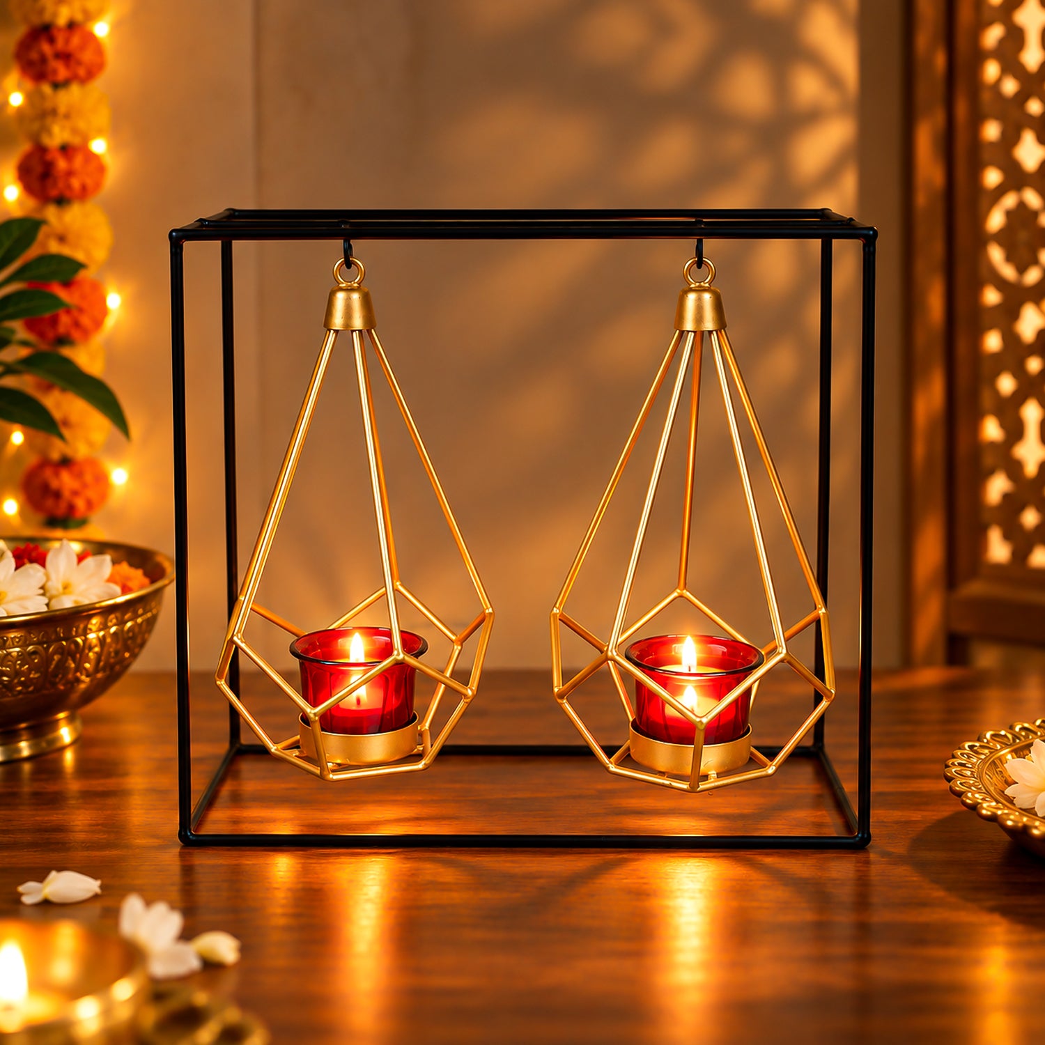 Lighting Nordic Hanging Votive Holder, Diwali Special, Black & Gold, Iron
